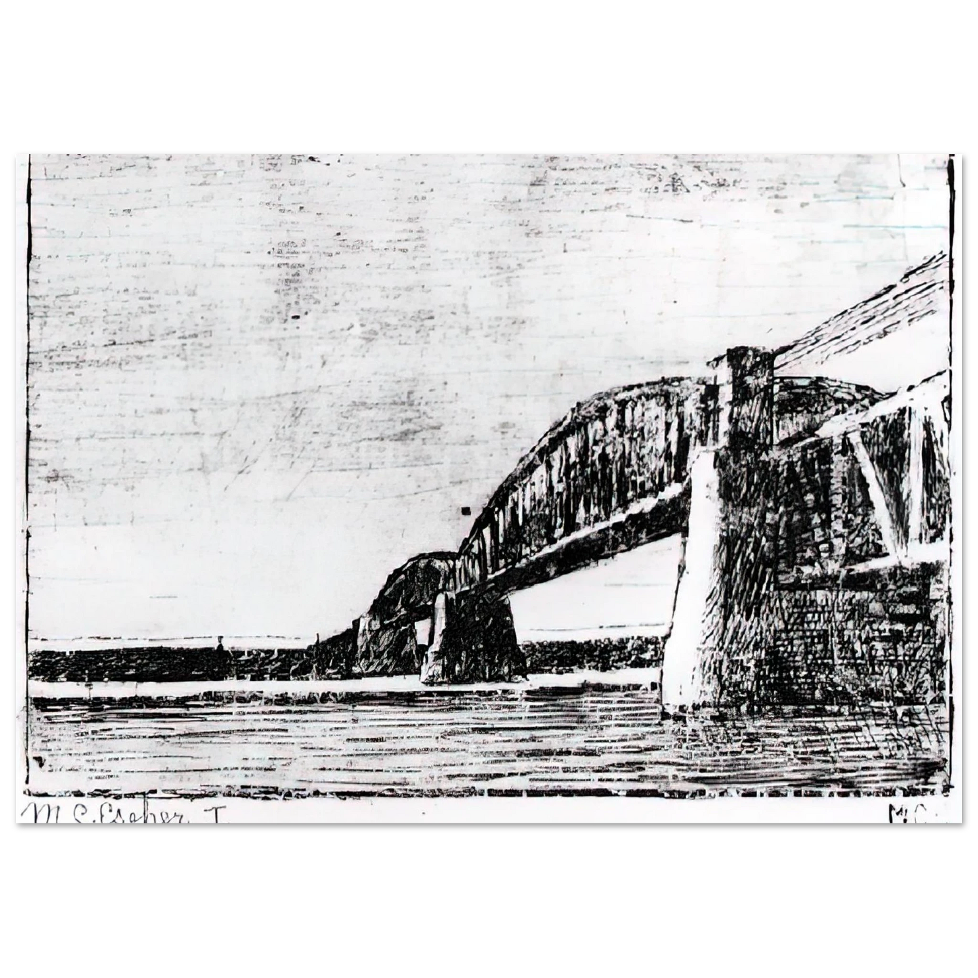 MC Escher - RAILWAY BRIDGE OOSTERBEEK Wall Art - 30x40 cm / 12x16 inches - Premium Wooden Framed Poster With Fine Art Paper - Wood frame
