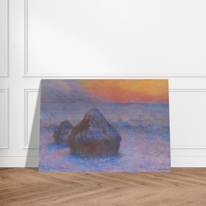 Stacks of Wheat Sunset, Snow Effect - claude monet Brushed Aluminum Print - 70x100 cm / 28x40 inches | claude monet Aluminum Print | claude monet Prints