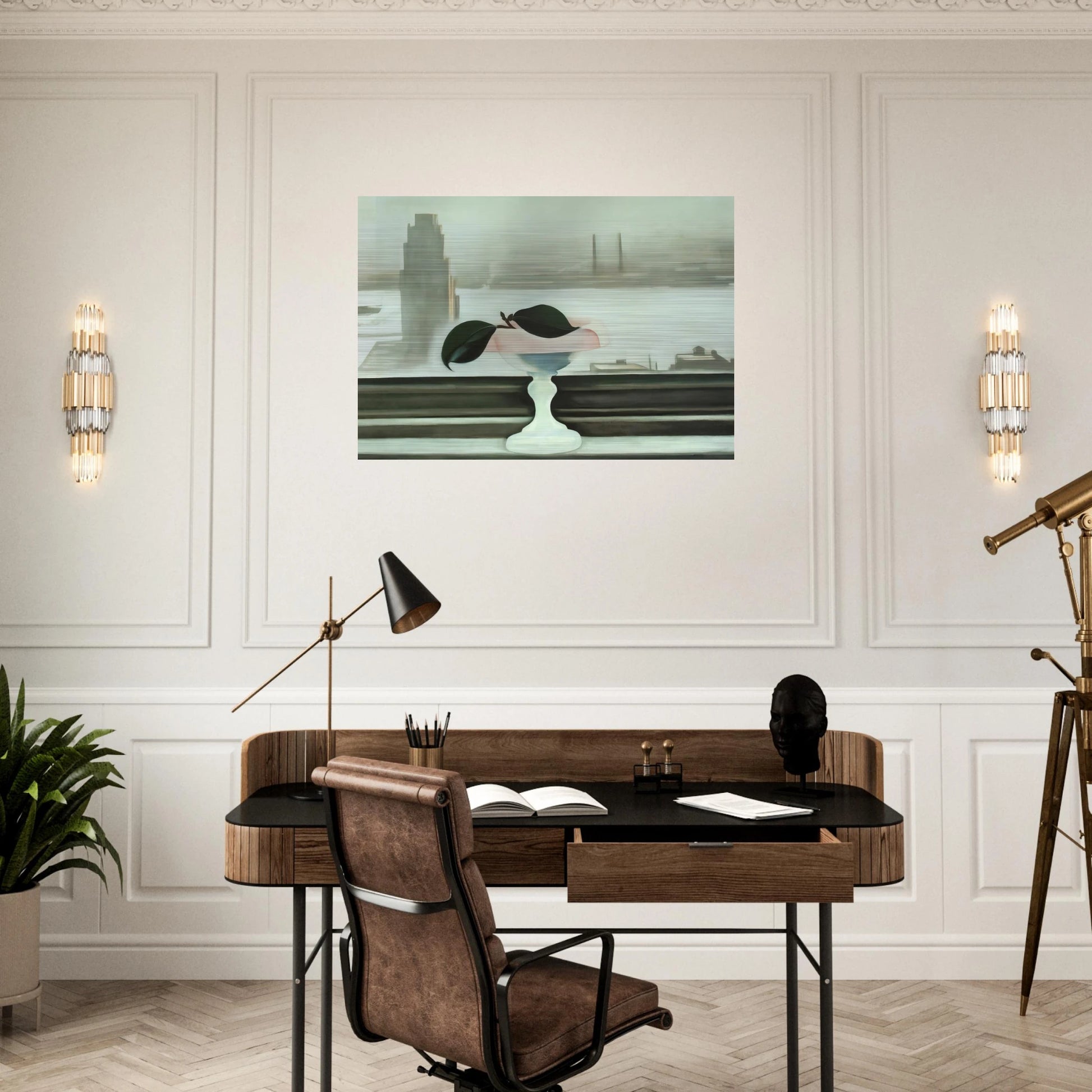 Pink Dish and Green Leaves - Georgia O'Keeffe Brushed Aluminum Print - 70x100 cm / 28x40 inches | Georgia O'Keeffe Aluminum Print | Georgia O'Keeffe Prints