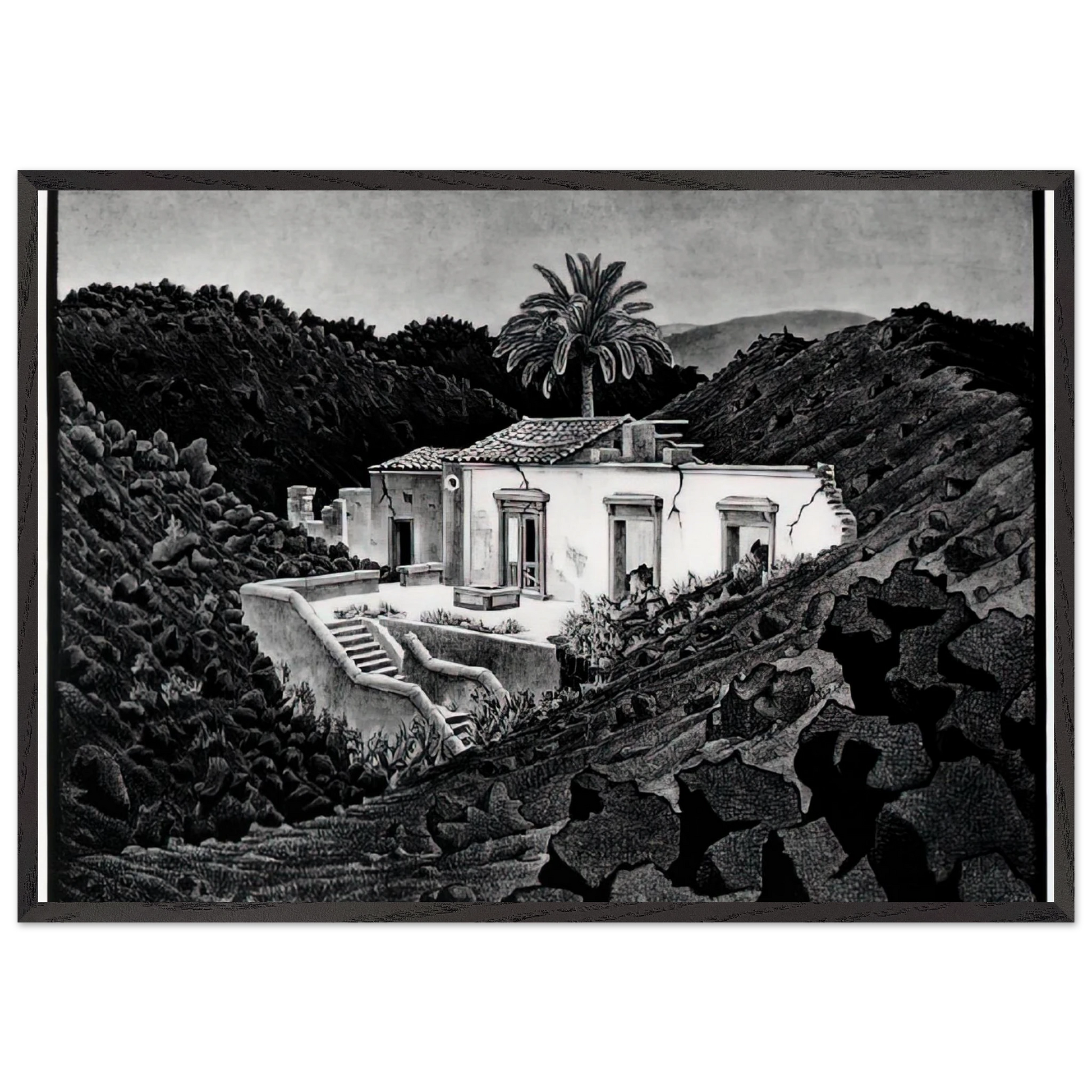 HOUSE IN THE LAVA NEAR NUNZIATA - MC Escher Framed Art Print – Black Wooden Frame - Default Title - -Framed Art Print