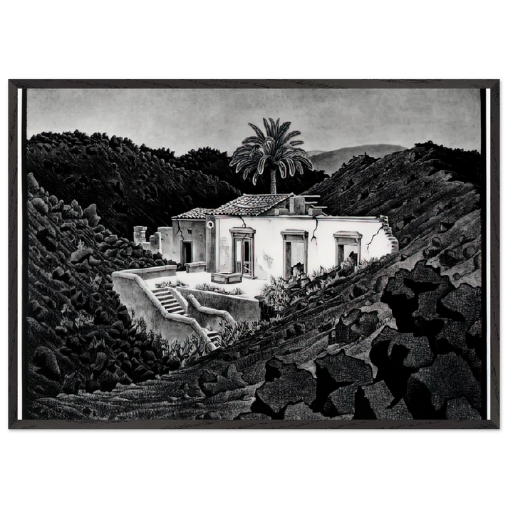 HOUSE IN THE LAVA NEAR NUNZIATA - MC Escher 70x100 cm / 28x40 inches Framed Art Print – Black Wooden Frame | Maurits Cornelis Escher Prints