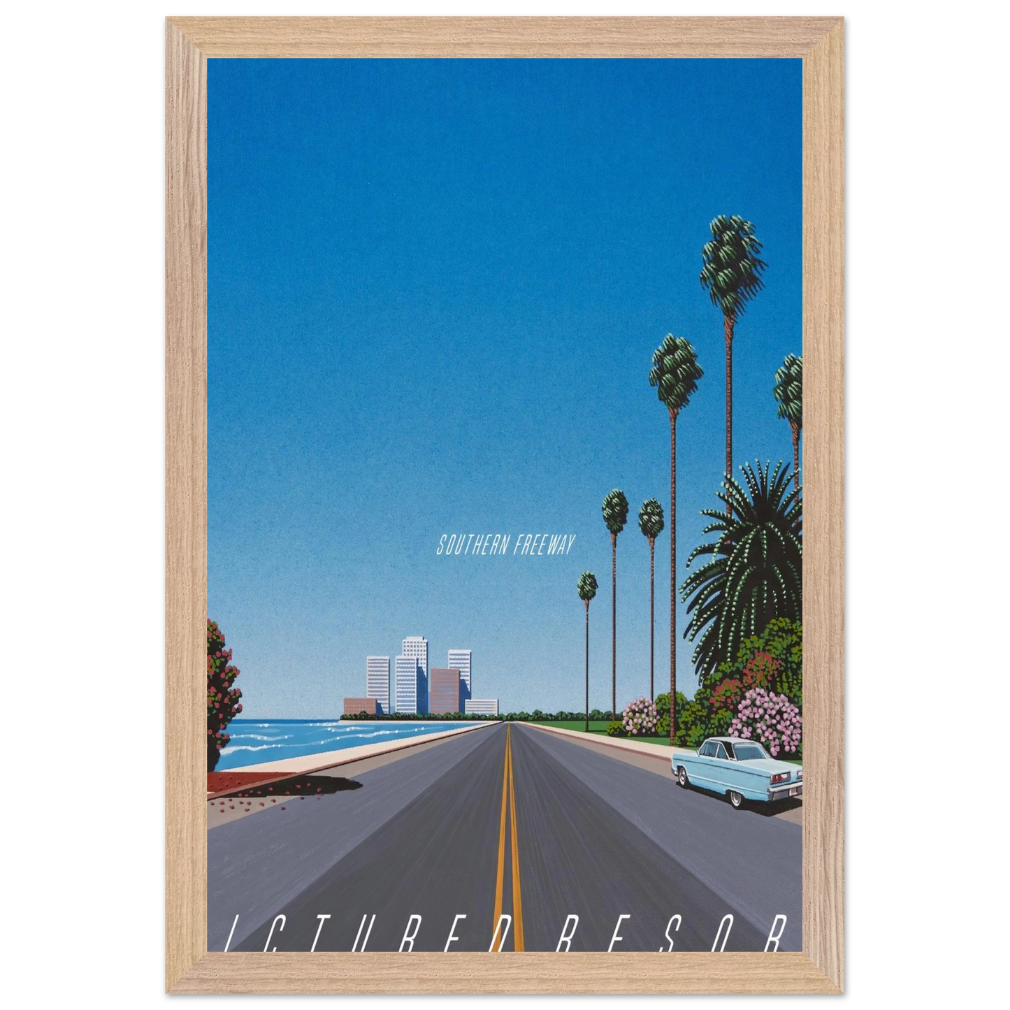 Hiroshi Nagai - Southern Freeway Pictured Resort Wall Art - 30x40 cm / 12x16 inches - Premium Wooden Framed Poster With Fine Art Paper - White frame