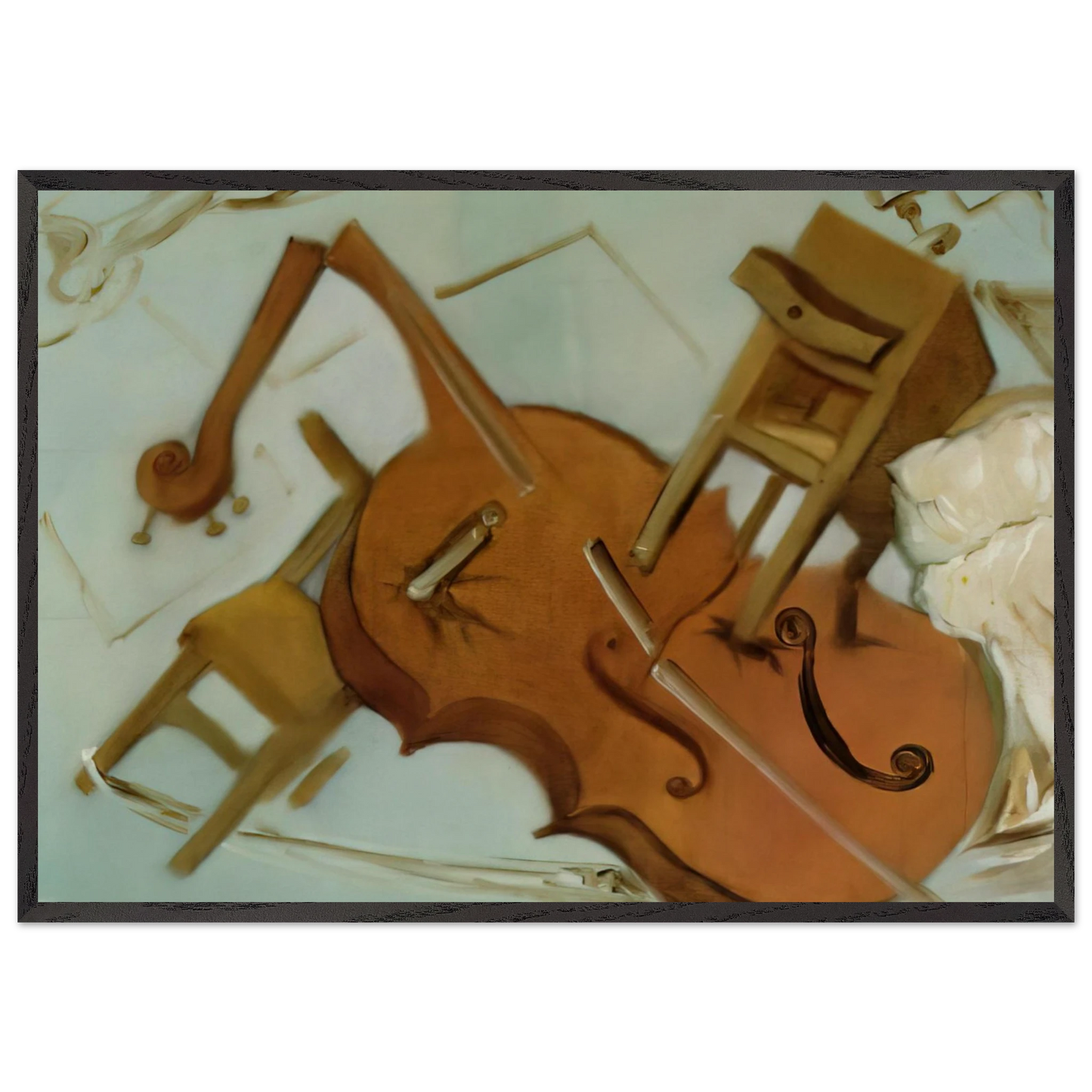 BED CHAIR AND BEDSIDE TABLE FEROCIOUSLY ATTACKING A CELLO - Salvador Dali Framed Art Print – Black Wooden Frame - Default Title - -Framed Art Print