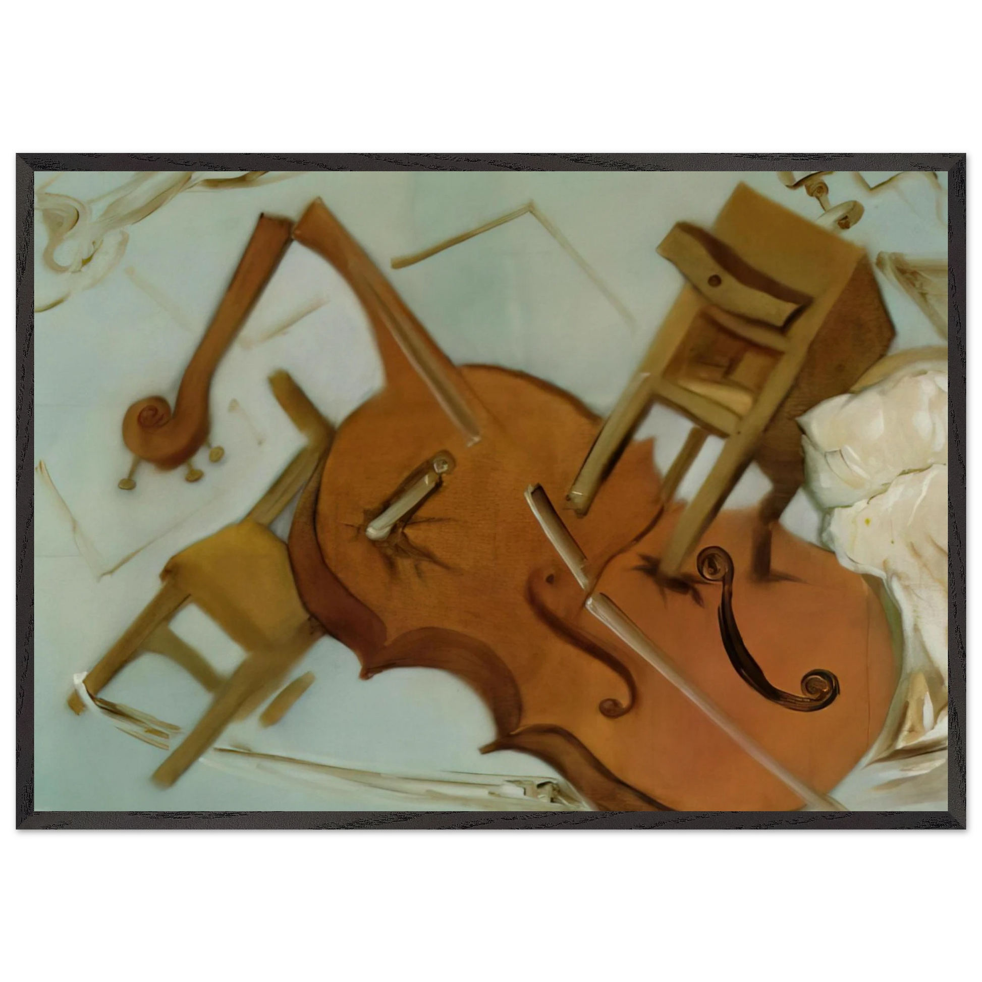 BED CHAIR AND BEDSIDE TABLE FEROCIOUSLY ATTACKING A CELLO - Salvador Dali Framed Art Print – Black Wooden Frame - Default Title - -Framed Art Print