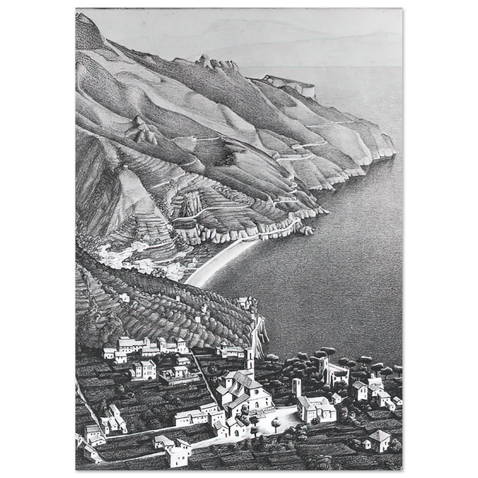 MC Escher - RAVELLO AND THE COAST OF AMALFI Wall Art - 21x29.7 cm / 8x12" - Premium Wooden Framed Poster With Fine Art Paper - White frame