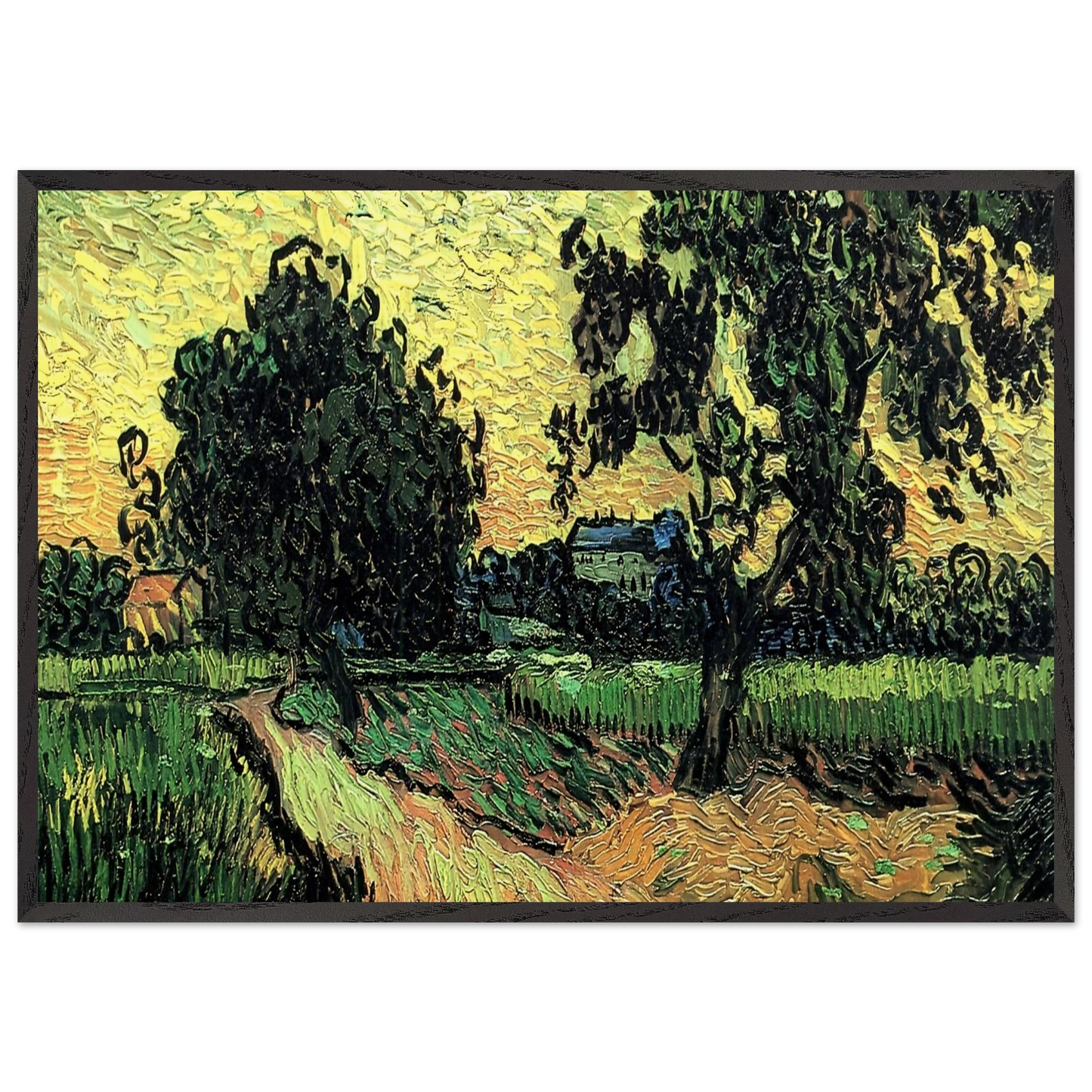 Landscape with the Chateau of Auvers at Sunset - Vincent van Gogh Framed Art Print – Black Wooden Frame - Default Title - -Framed Art Print