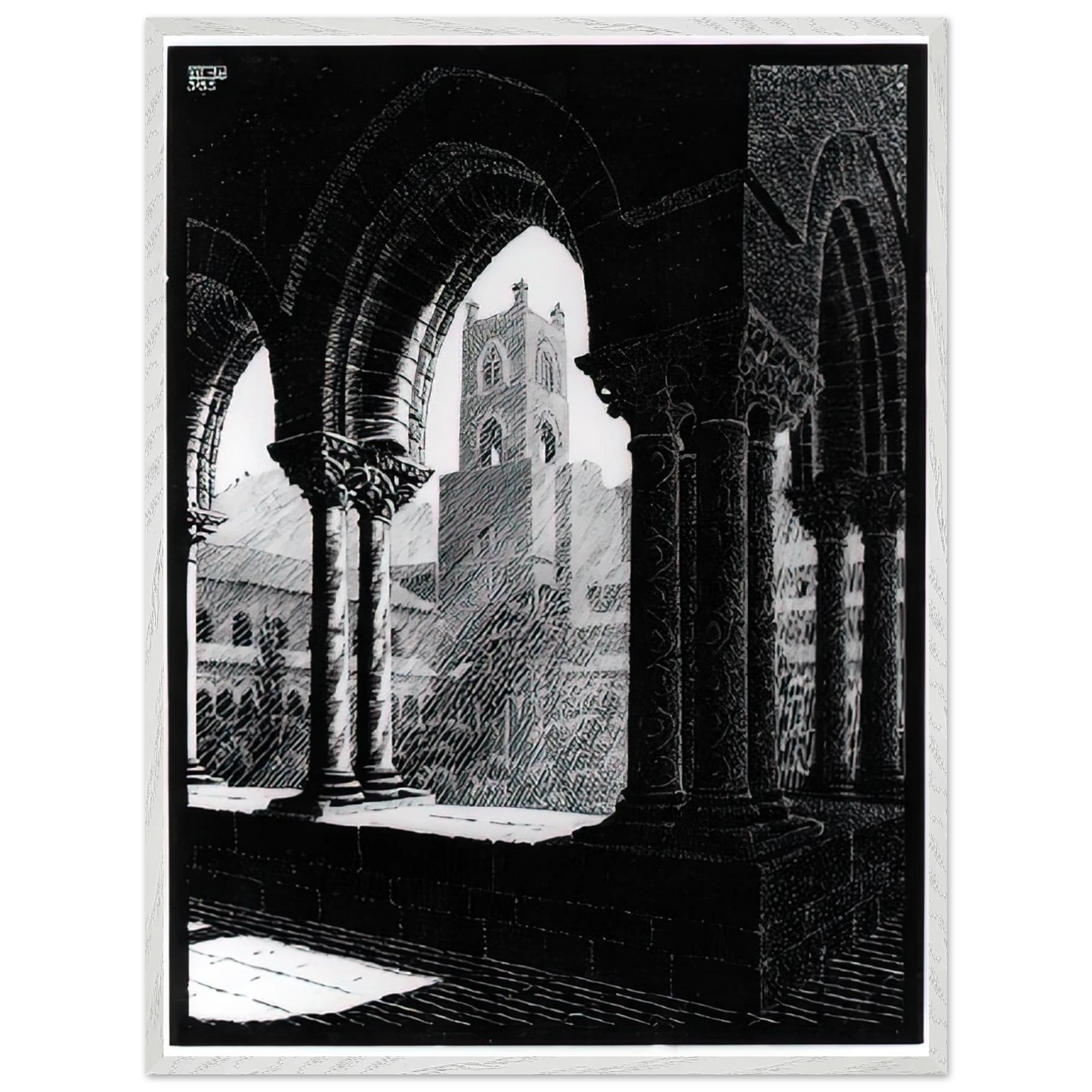 MC Escher - CLOISTER OF MONREALE SICILY Wall Art - 30x40 cm / 12x16 inches - Premium Wooden Framed Poster With Fine Art Paper - Black frame