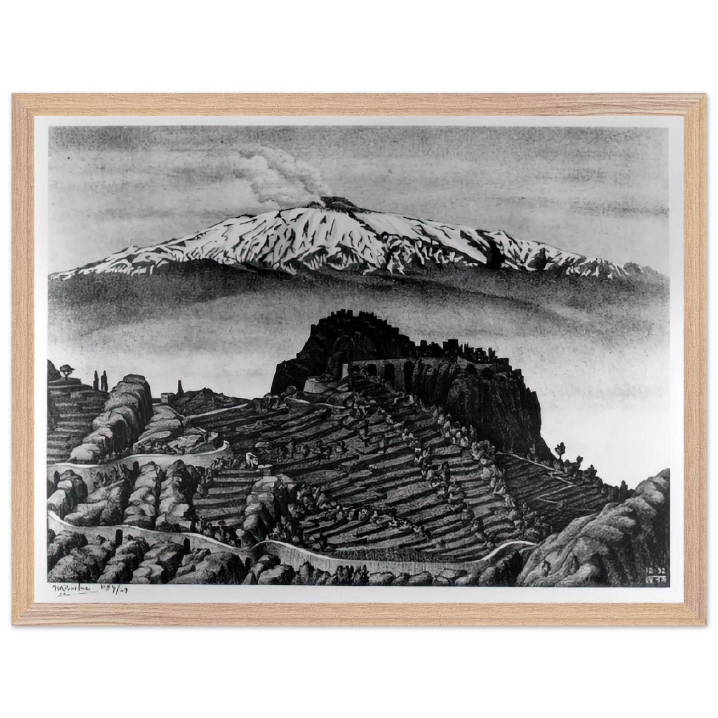 MC Escher - CASTEL MOLA AND MOUNT ETNA SICILY DECEMBER 1932 1932 Wall Art - 60x80 cm / 24x32 inches - Premium Wooden Framed Poster With Fine Art Paper - White frame