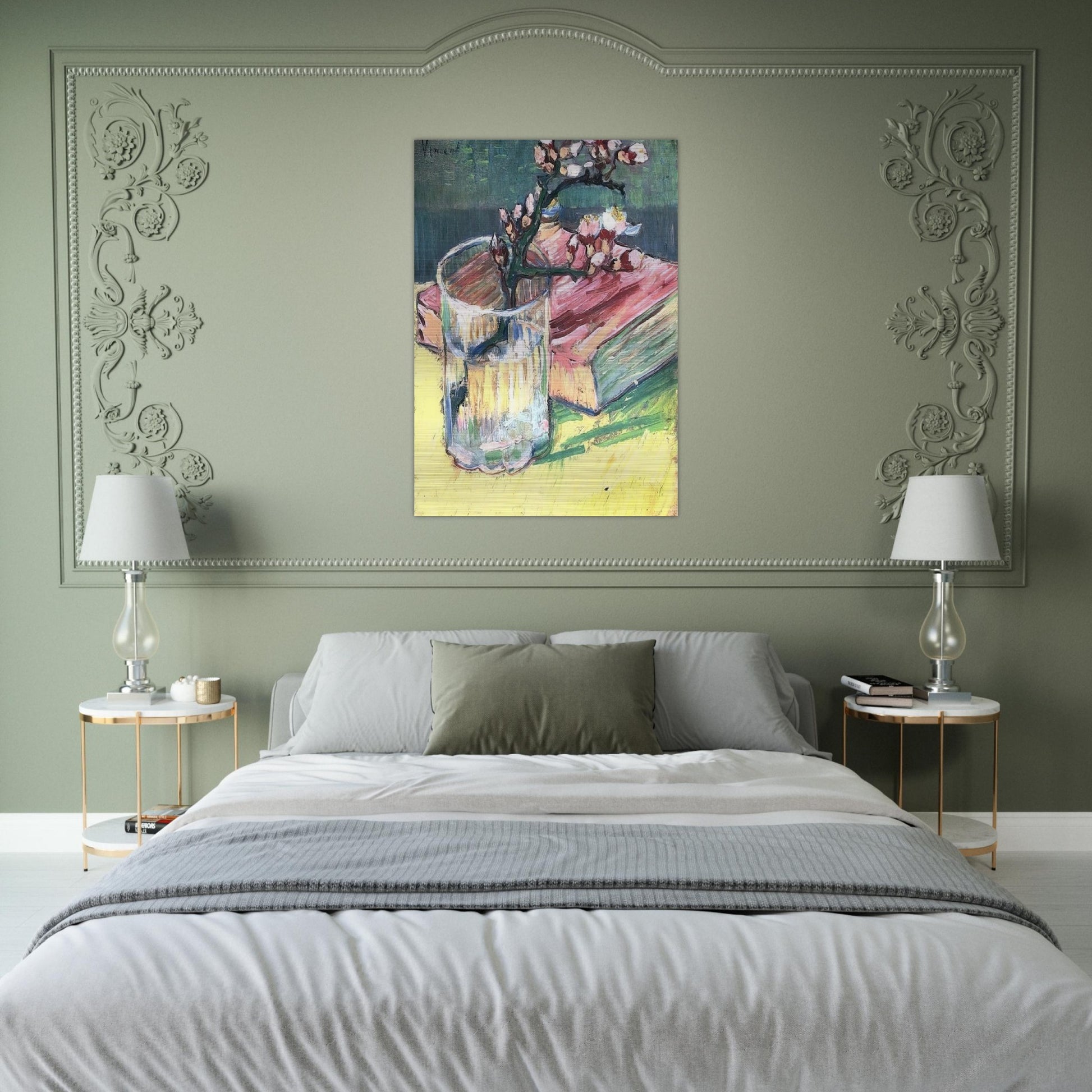 Blossoming Almond Branch in a Glass with a Book - Vincent van Gogh Brushed Aluminum Print - 70x100 cm / 28x40 inches | Vincent van Gogh Aluminum Print | Vincent van Gogh Prints