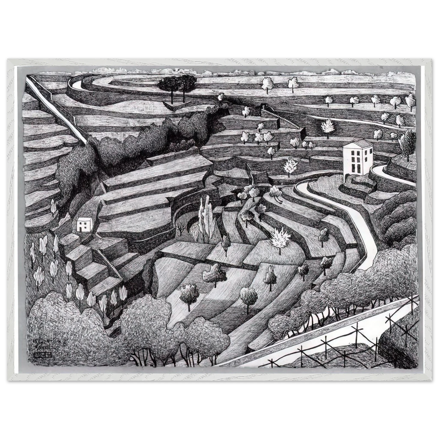MC Escher - RAVELLO II Wall Art - 21x29.7 cm / 8x12" - Premium Wooden Framed Poster With Fine Art Paper - Wood frame