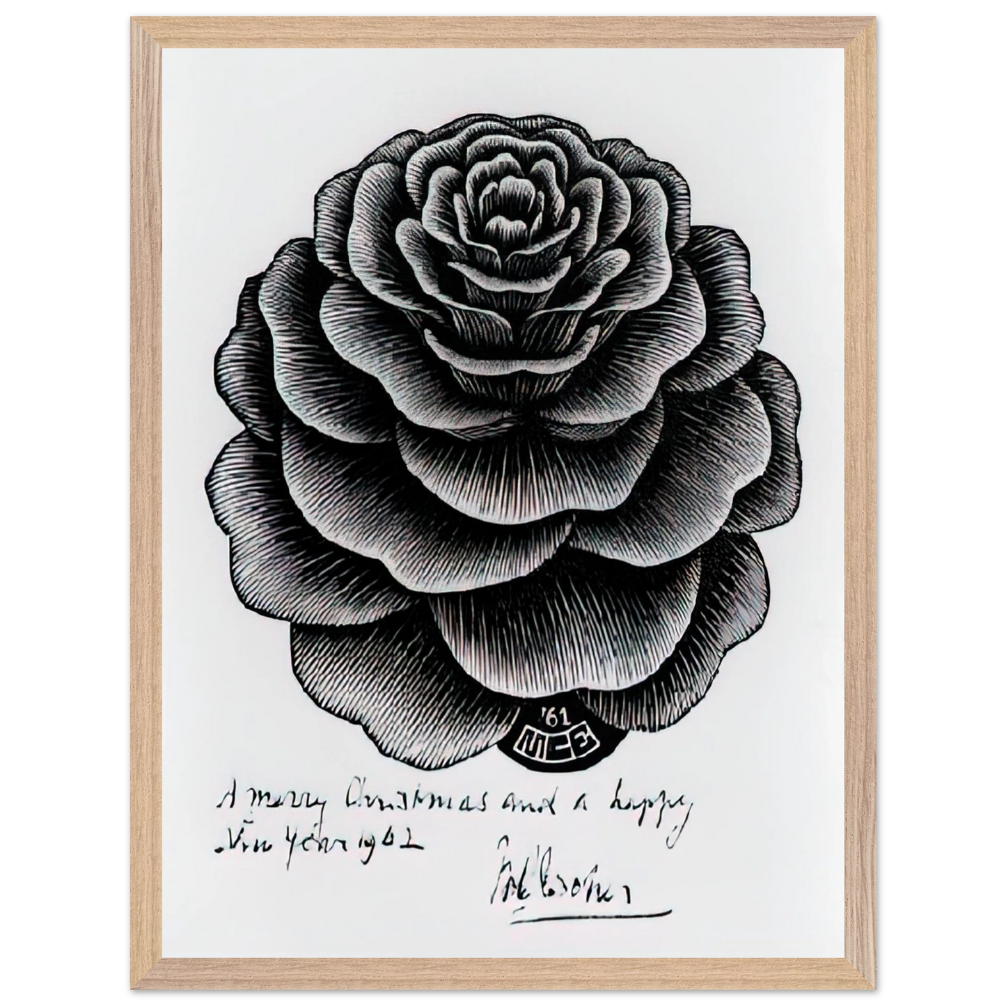 MC Escher - MERRY CHRISTMAS HAPPY NEW YEAR Wall Art - 30x40 cm / 12x16 inches - Premium Wooden Framed Poster With Fine Art Paper - White frame