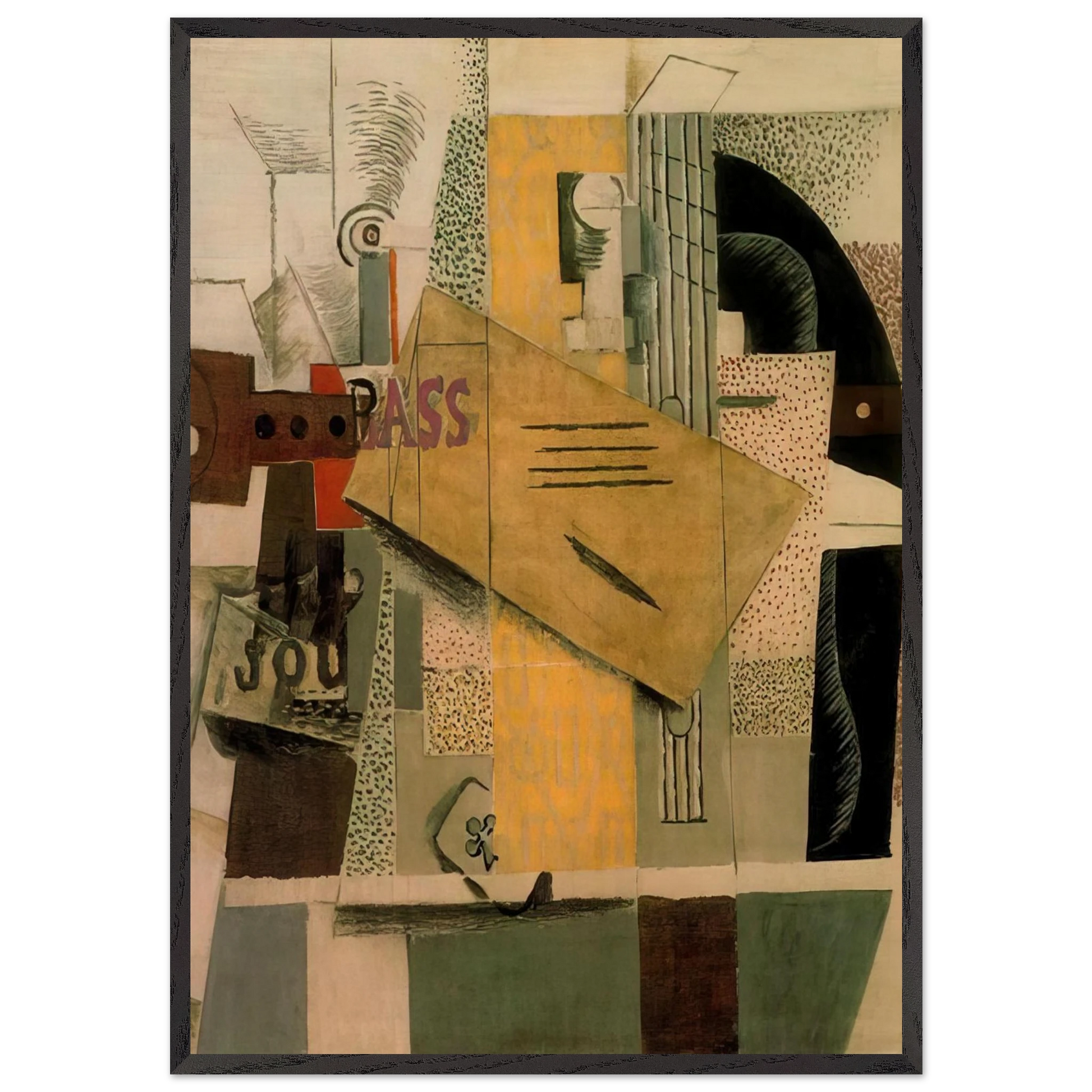 Clarinet bottle of bass newspaper ace of clubs - 1913 - Pablo Picasso Framed Art Print – Black Wooden Frame - Default Title - -Framed Art Print