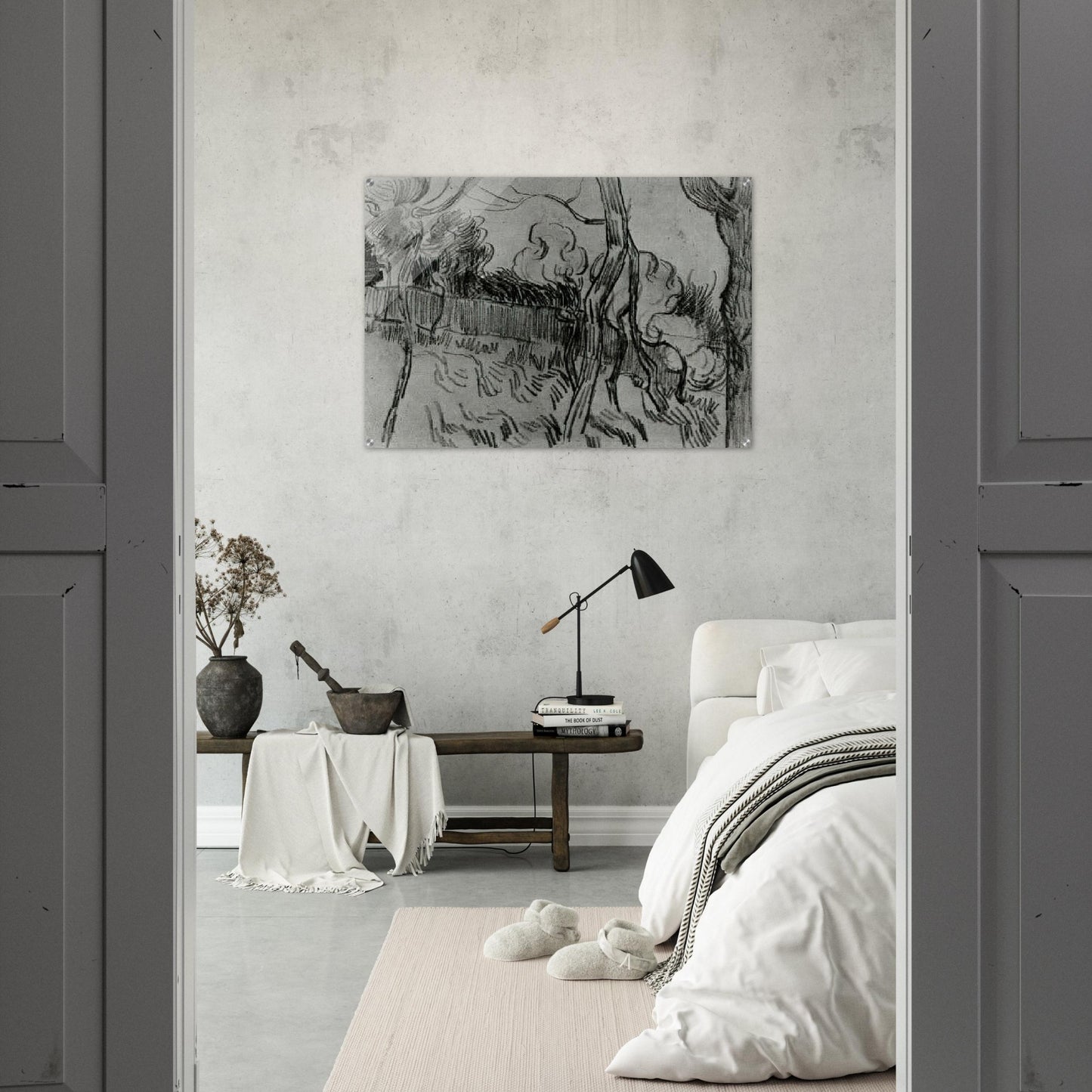 Pine Trees Seen against the Wall of the Asylum - Vincent van Gogh Acrylic Print - 70x100 cm / 28x40″ inches | Vincent van Gogh Wall Art | Vincent van Gogh Prints