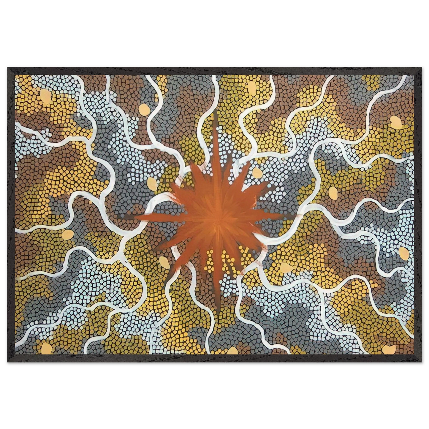 Creation Lightning Dreaming - 1993 - Clifford Possum Tjapaltjarri Framed Art Print – Black Wooden Frame - Default Title - -Framed Art Print
