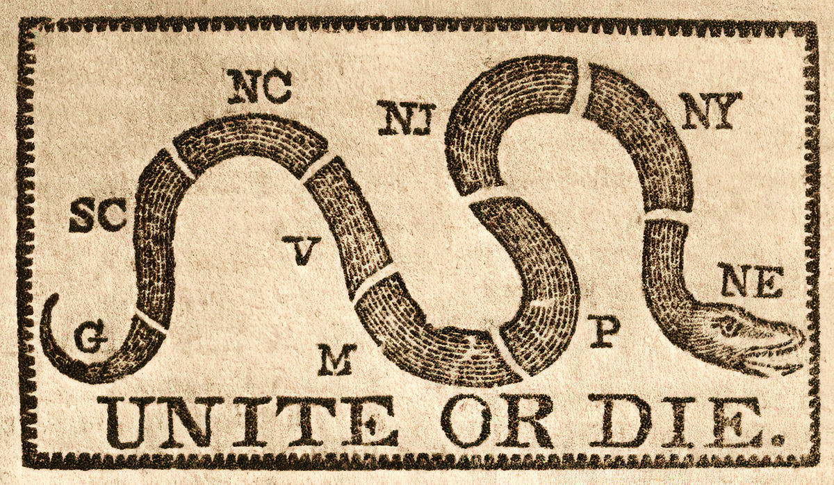 Unite or Die Art Print | Benjamin Franklin's 1774 Political Cartoon | RedKalion