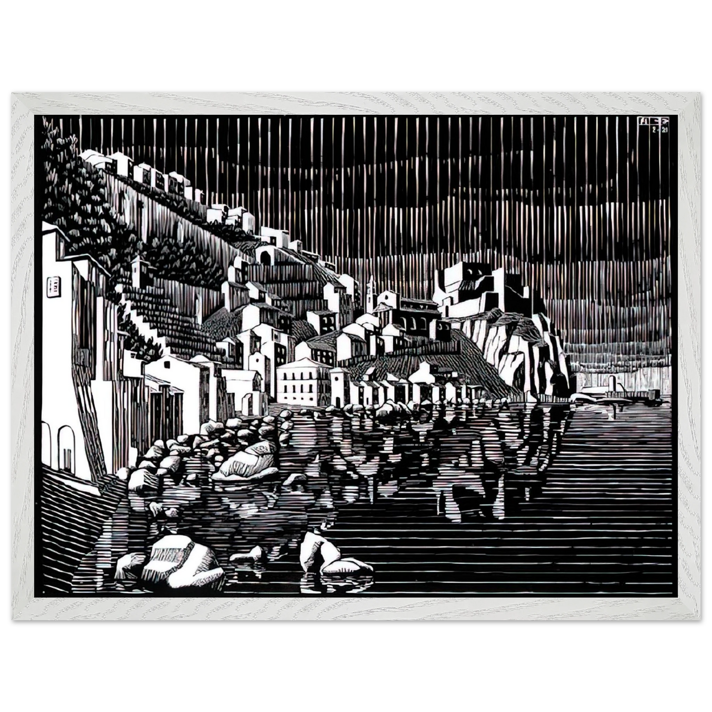 MC Escher - SCILLA CALABRIA FEBRUARY 1931 1931 Wall Art - 21x29.7 cm / 8x12" - Premium Wooden Framed Poster With Fine Art Paper - Black frame