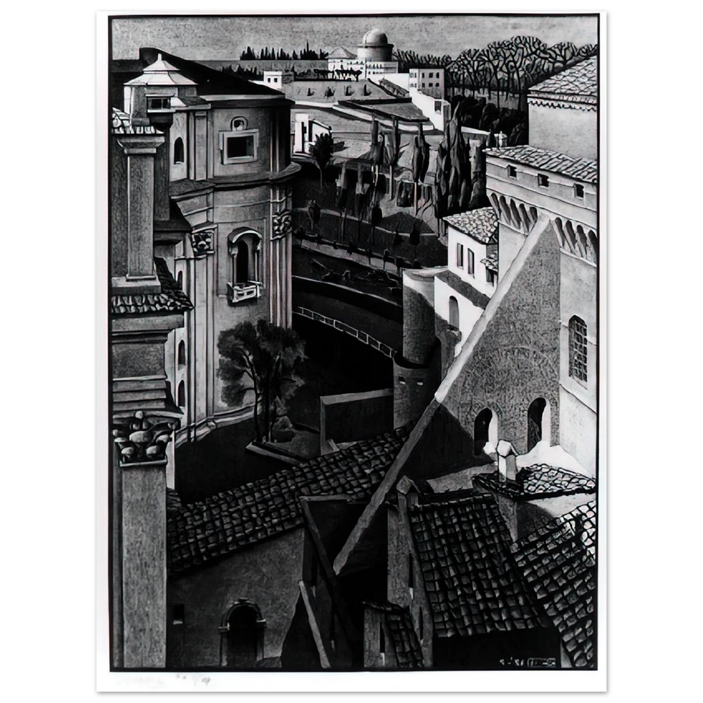 MC Escher - BERWEEN ST PETER AND SISTINE CHAPEL MARCH 1936 1936 Wall Art - 21x29.7 cm / 8x12" - Premium Wooden Framed Poster With Fine Art Paper - White frame