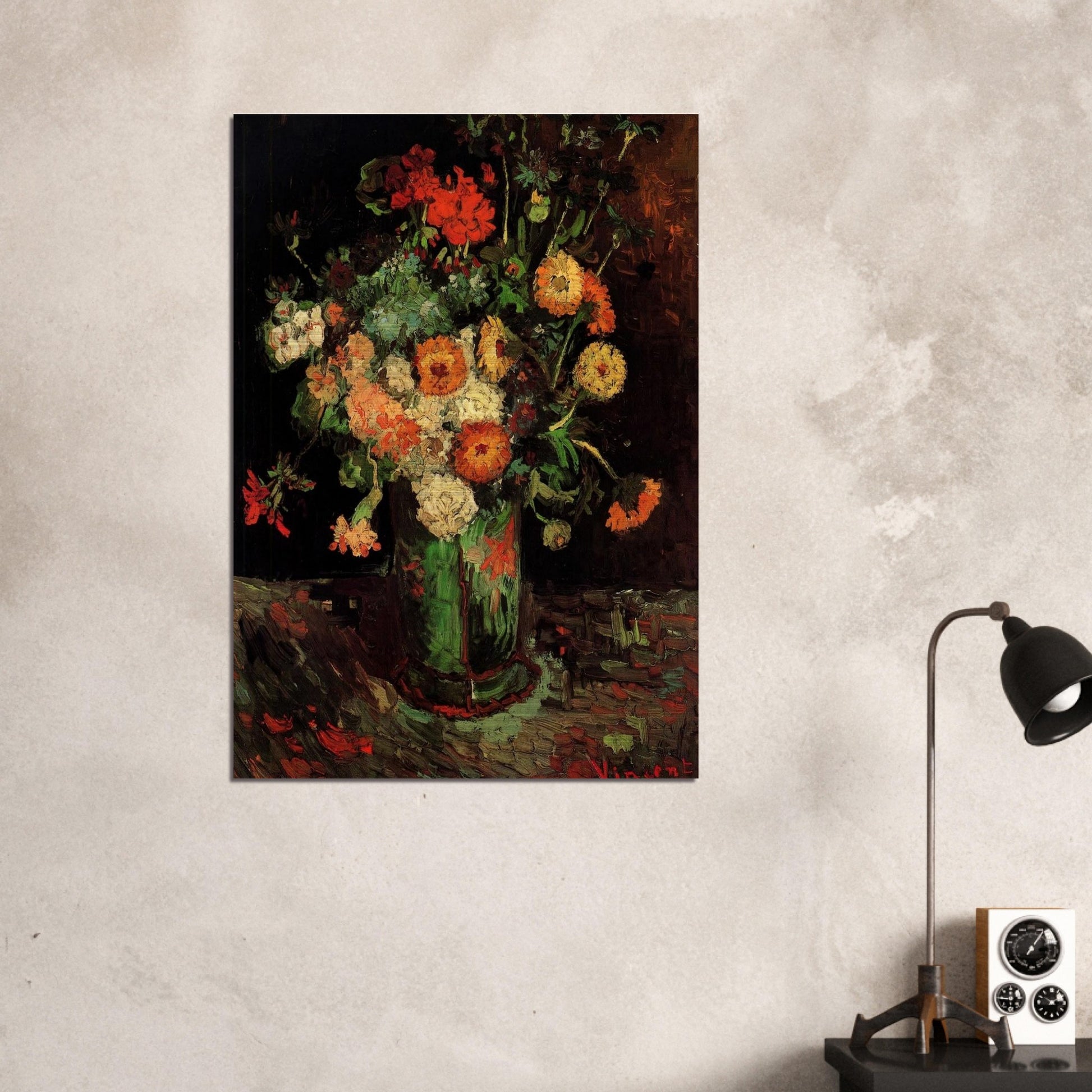 Vase with Zinnias and Geraniums - Vincent van Gogh Brushed Aluminum Print - 70x100 cm / 28x40 inches | Vincent van Gogh Aluminum Print | Vincent van Gogh Prints