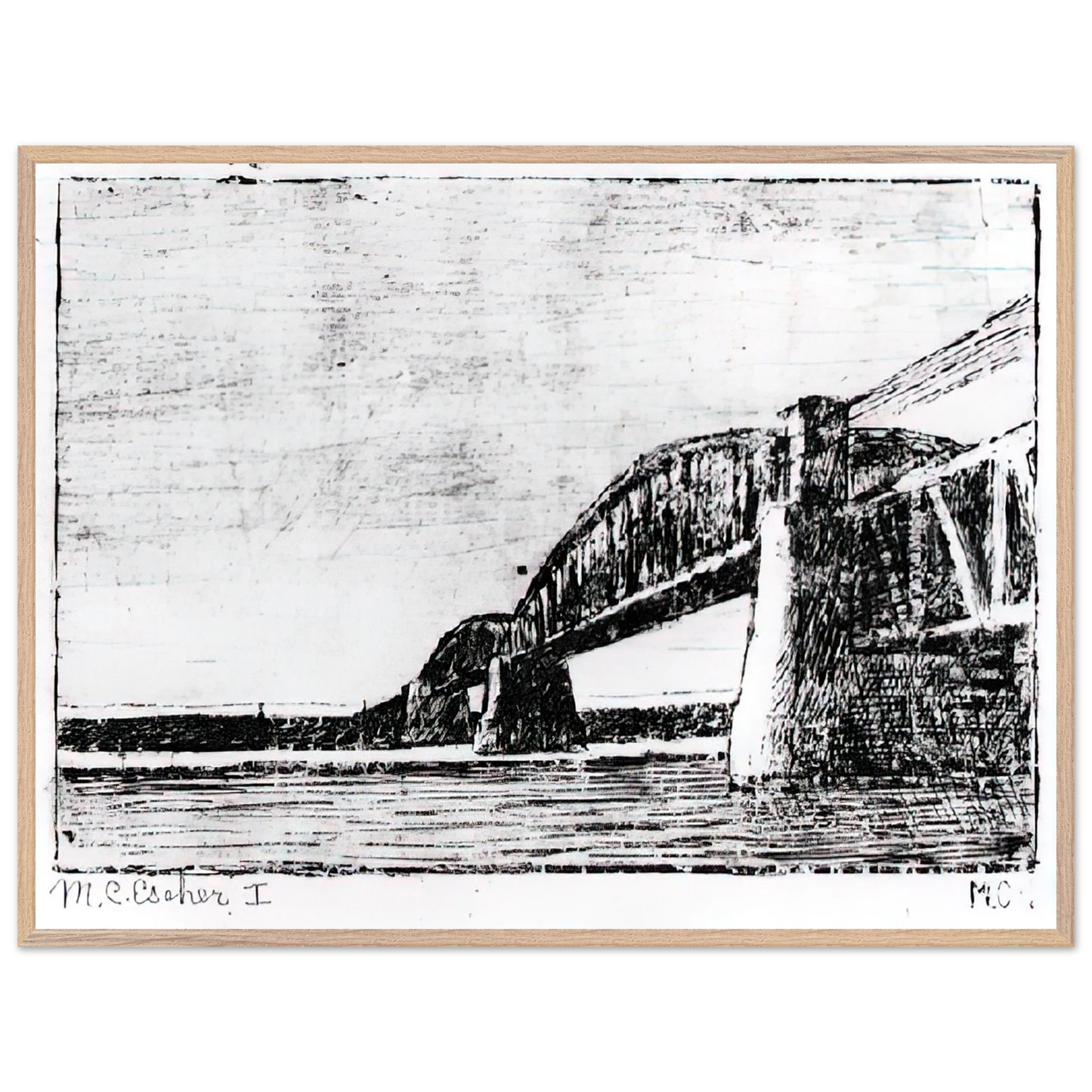MC Escher - RAILWAY BRIDGE OOSTERBEEK Wall Art - 30x40 cm / 12x16 inches - Premium Wooden Framed Poster With Fine Art Paper - White frame