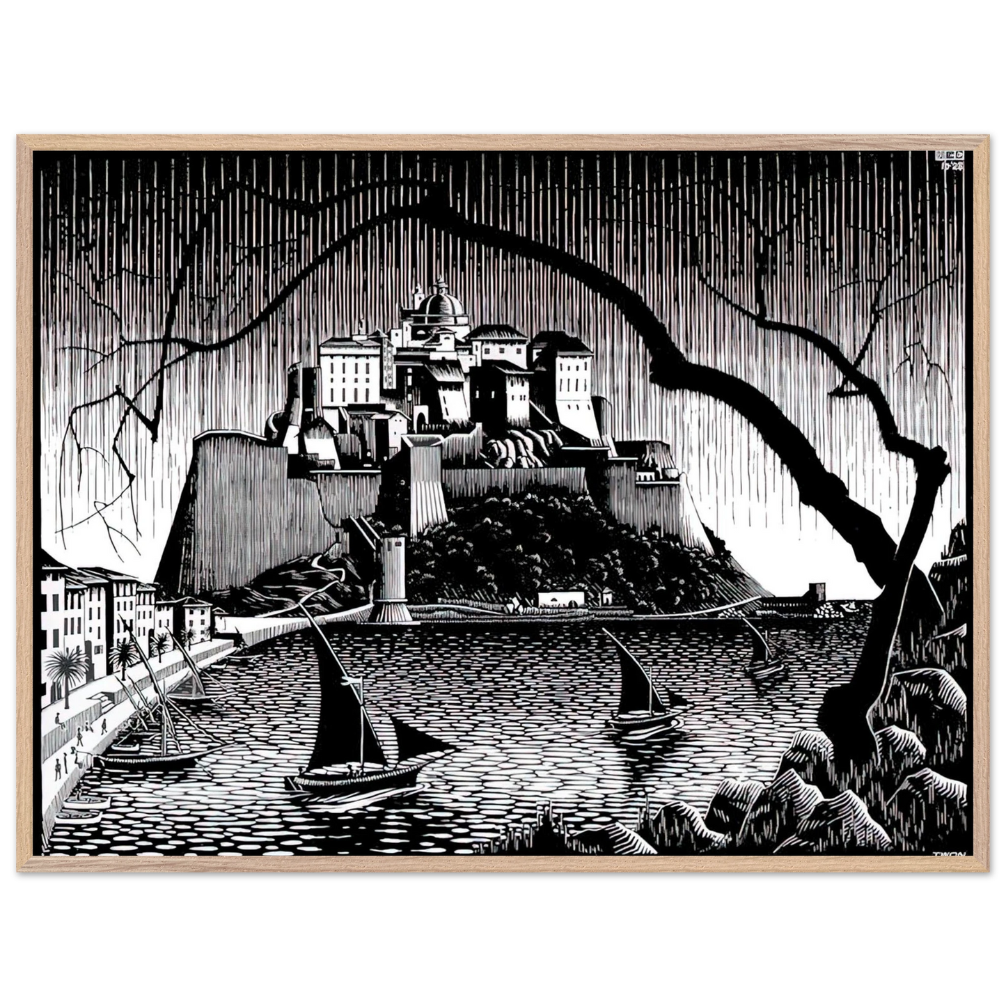 MC Escher - CITADEL OF CALVI CORSICA Wall Art - 60x80 cm / 24x32 inches - Premium Wooden Framed Poster With Fine Art Paper - White frame