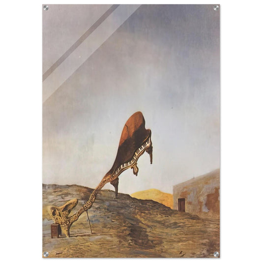 SKULL WITH ITS LYRIC APPENDAGE LEANING ON A BEDSIDE TABLE WHICH SHOULD HAVE THE EXACT 1934 - Salvador Dali Acrylic Print - 70x100 cm / 28x40″ inches | Salvador Dali Wall Art | Salvador Dali Prints