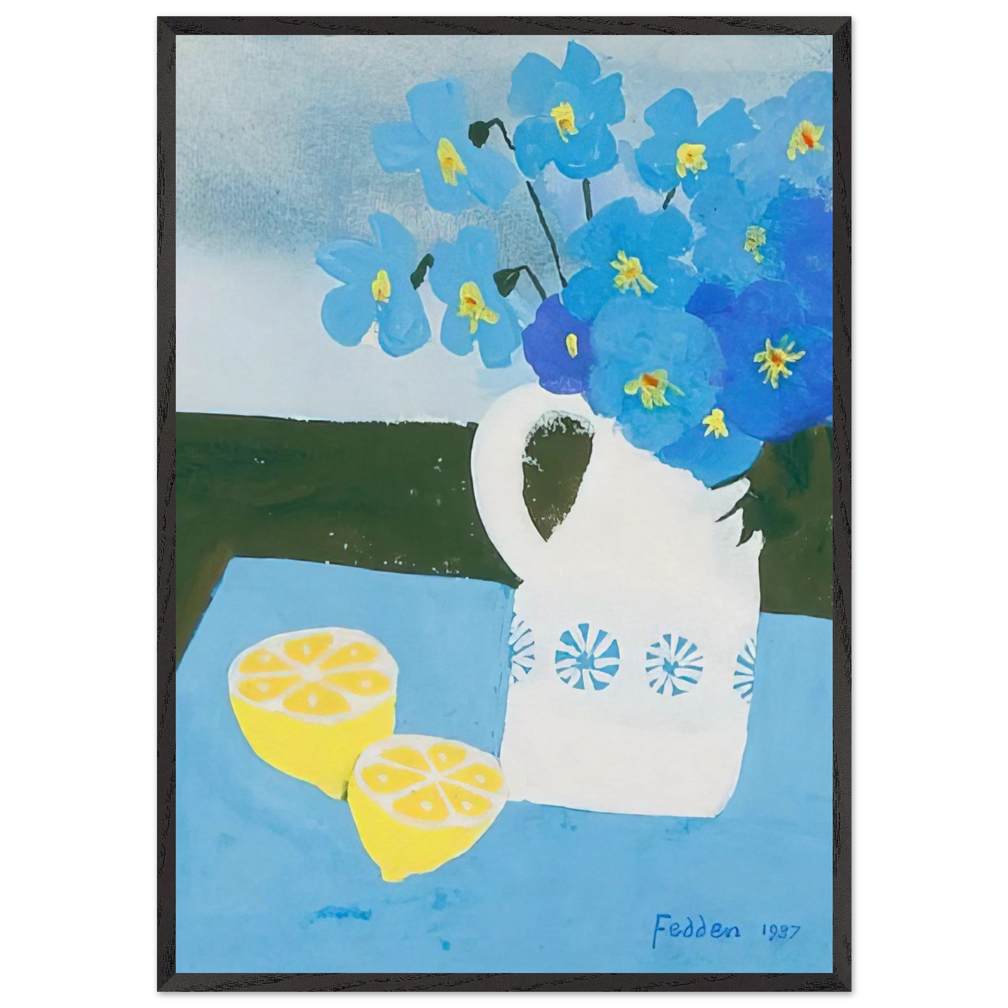 Flowers in a vase with lemon - 1987 - Mary Fedden Framed Art Print – Black Wooden Frame - Default Title - -Framed Art Print