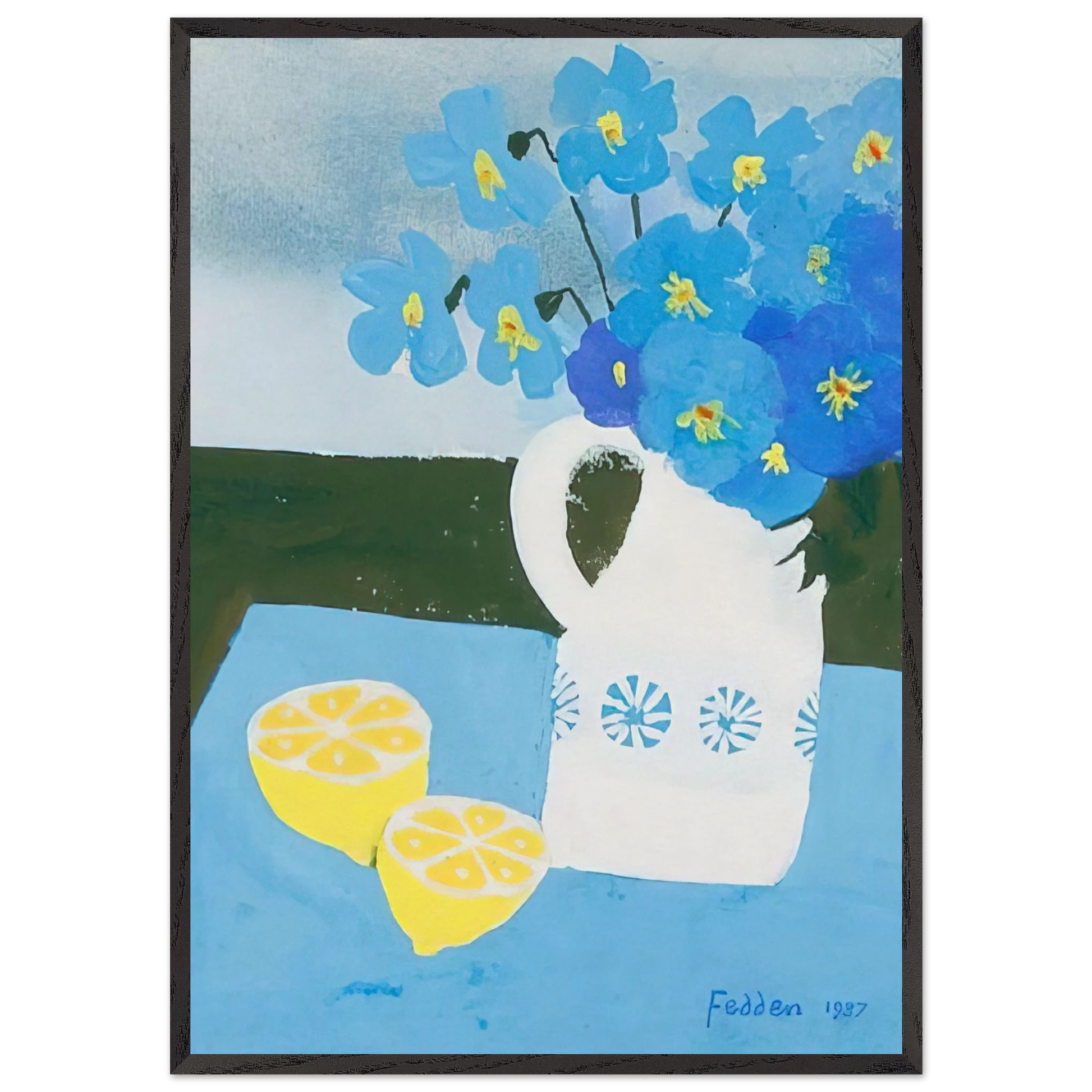 Flowers in a vase with lemon - 1987 - Mary Fedden Framed Art Print – Black Wooden Frame - Default Title - -Framed Art Print