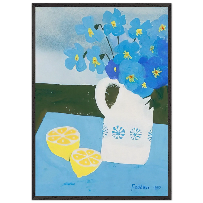 Flowers in a vase with lemon - 1987 - Mary Fedden 70x100 cm / 28x40 inches Framed Art Print – Black Wooden Frame
