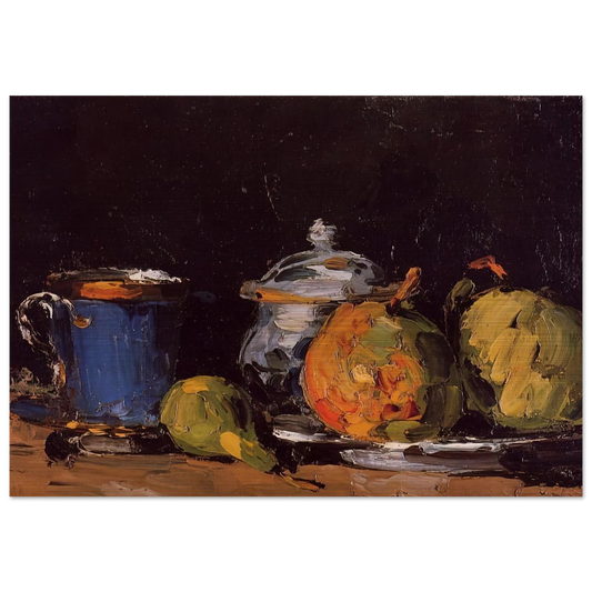 Sugar Bowl, Pears and Blue Cup - Paul Cézanne Brushed Aluminum Print - 70x100 cm / 28x40 inches | Paul Cézanne Aluminum Print | Paul Cézanne Prints