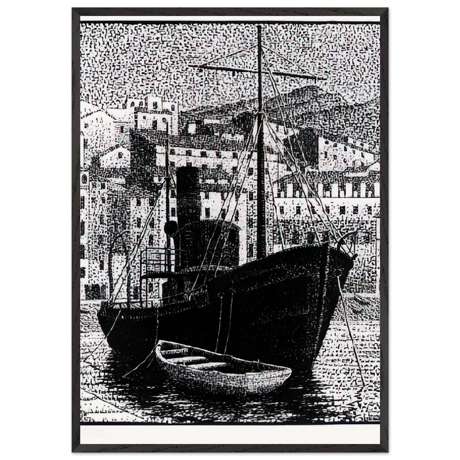 TUGBOAT OLD HARBOR OF BASTIA JANUARY 1934 1934 - MC Escher Framed Art Print – Black Wooden Frame - Default Title - -Framed Art Print