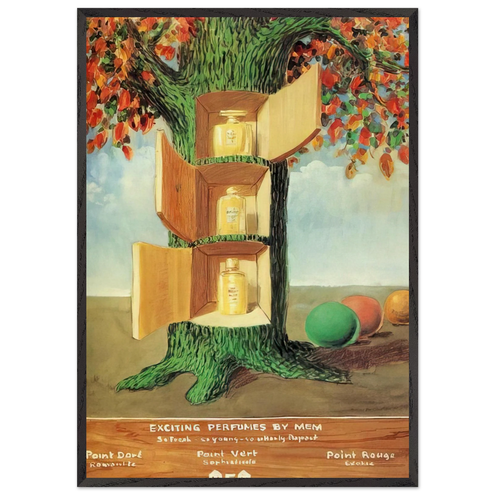 POSTER EXCITING PERFUMES BY MEM 1946 - Rene Magritte Framed Art Print – Black Wooden Frame - Default Title - -Framed Art Print