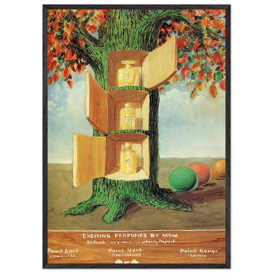 POSTER EXCITING PERFUMES BY MEM 1946 - Rene Magritte 70x100 cm / 28x40 inches Framed Art Print – Black Wooden Frame