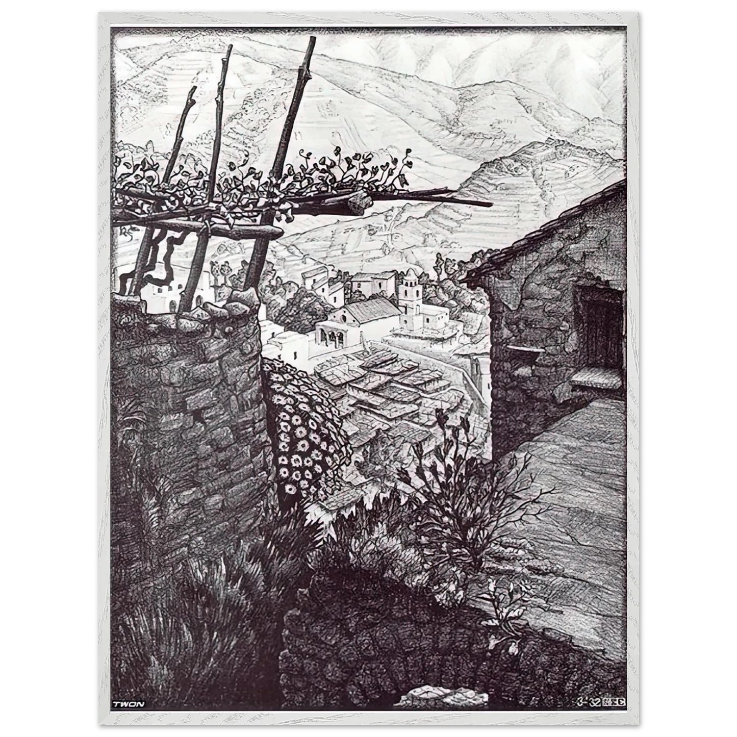 MC Escher - THE HAMLET OF TURELLO SOUTHERN ITALY Wall Art - 30x40 cm / 12x16 inches - Premium Wooden Framed Poster With Fine Art Paper - Wood frame