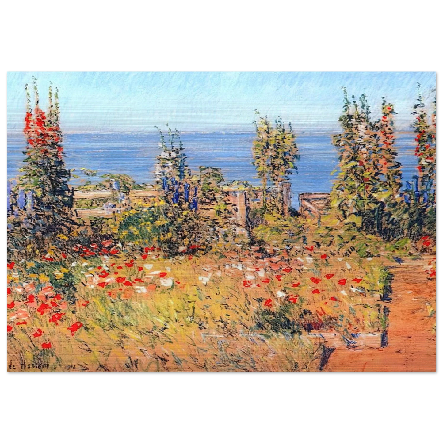 Hollyhocks, Isles of Shoals - Childe Hassam Brushed Aluminum Print - 70x100 cm / 28x40 inches | Childe Hassam Aluminum Print | Childe Hassam Prints