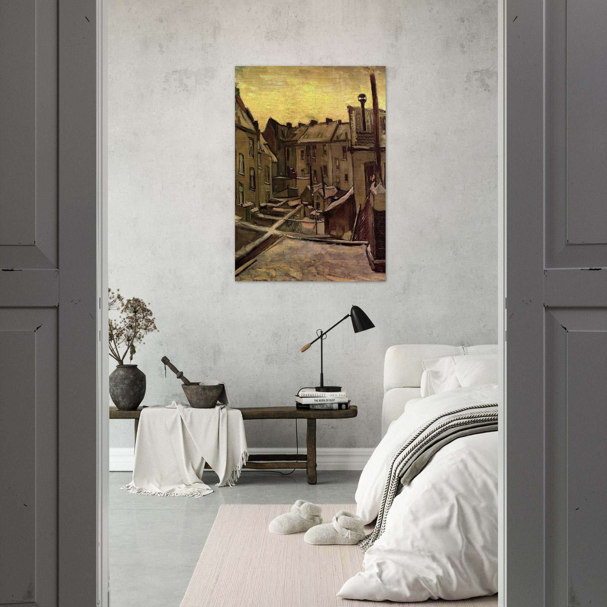 Backyards of Old Houses in Antwerp in the Snow - Vincent van Gogh Brushed Aluminum Print - 70x100 cm / 28x40 inches | Vincent van Gogh Aluminum Print | Vincent van Gogh Prints