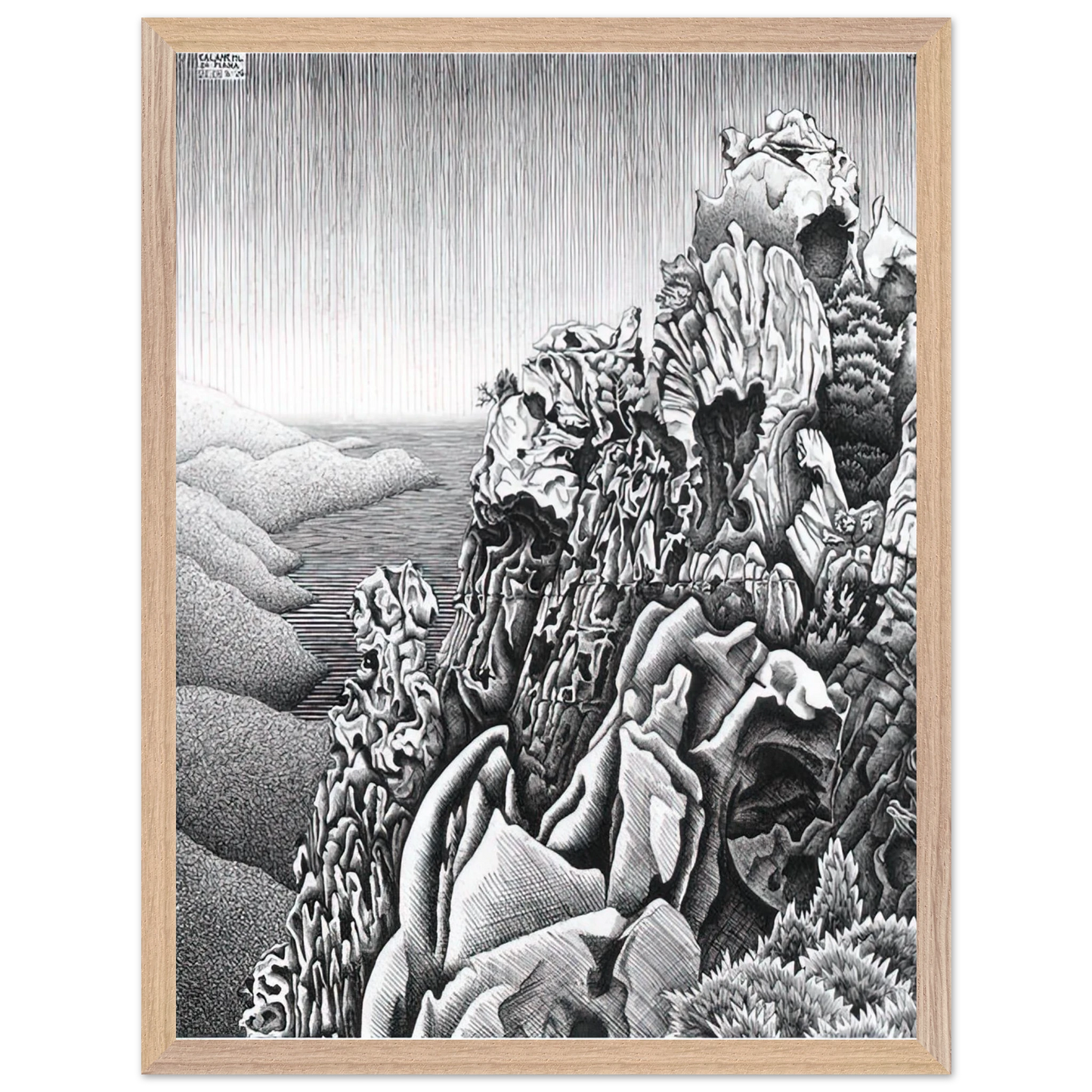 MC Escher - CALANQUES DE PIANA Wall Art - 30x40 cm / 12x16 inches - Premium Wooden Framed Poster With Fine Art Paper - Wood frame