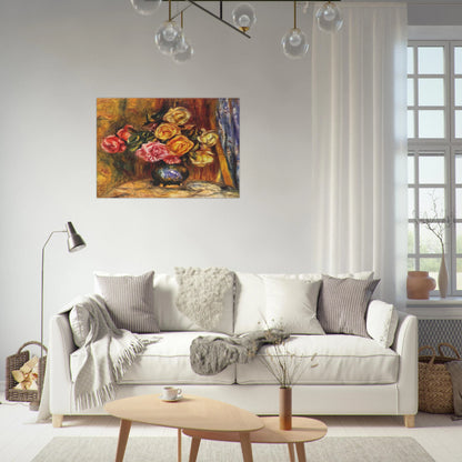 Roses in front of a blue curtain - Pierre-Auguste Renoir Brushed Aluminum Print - 70x100 cm / 28x40 inches | Pierre-Auguste Renoir Aluminum Print | Pierre-Auguste Renoir Prints