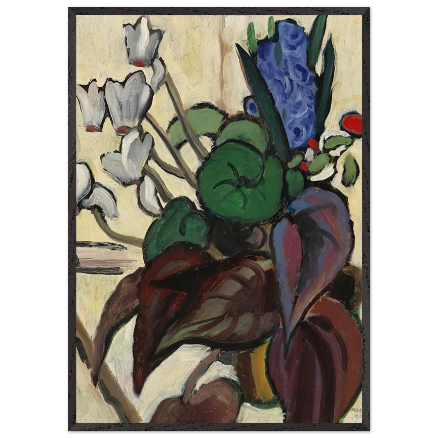 BLUMEN AUF WEI ZYKLAMEN UND HYAZINTHE 1934 - Gabriele Munter Framed Art Print – Black Wooden Frame - Default Title - -Framed Art Print