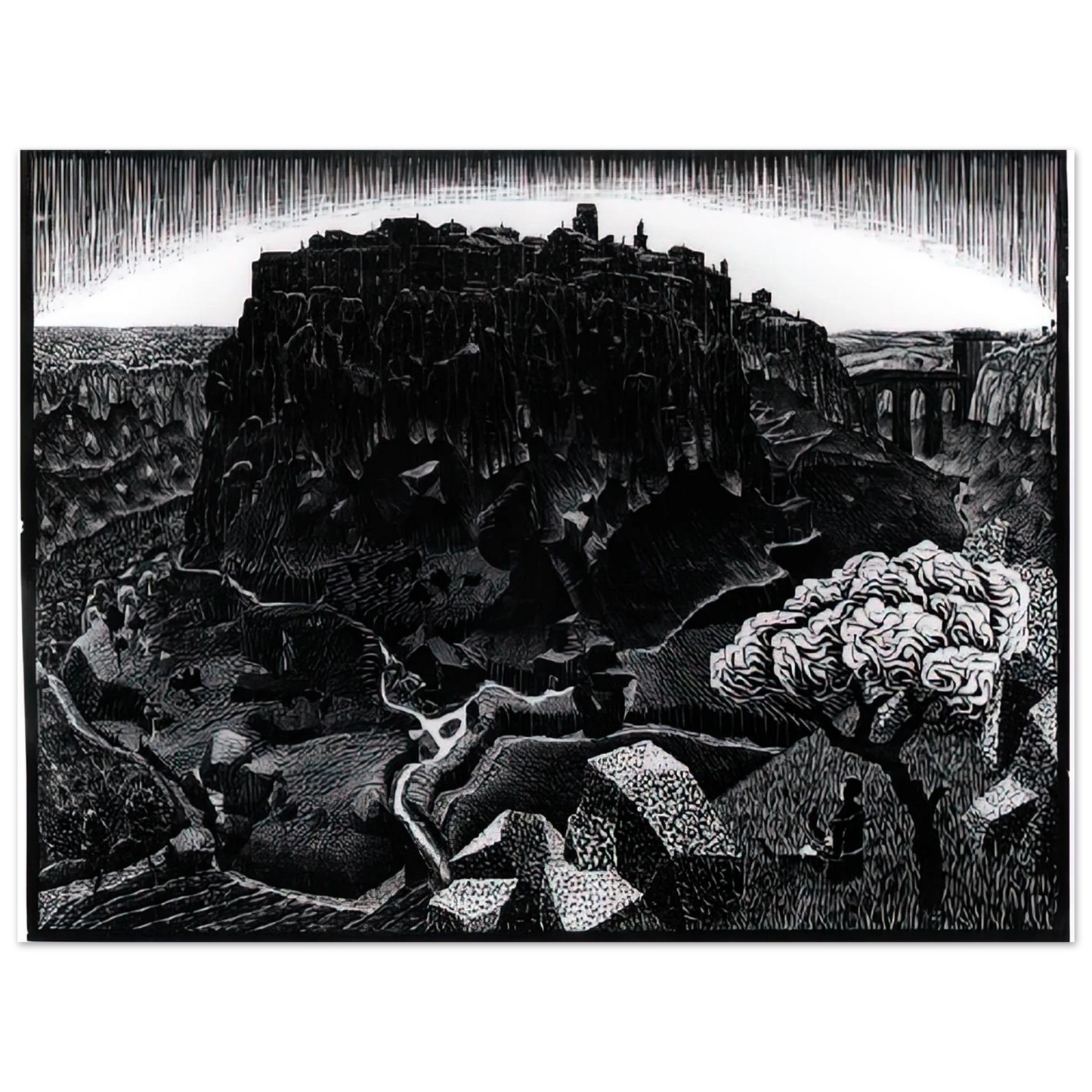 MC Escher - VITORCHIANO NEL CIMINO Wall Art - 21x29.7 cm / 8x12" - Premium Wooden Framed Poster With Fine Art Paper - White frame