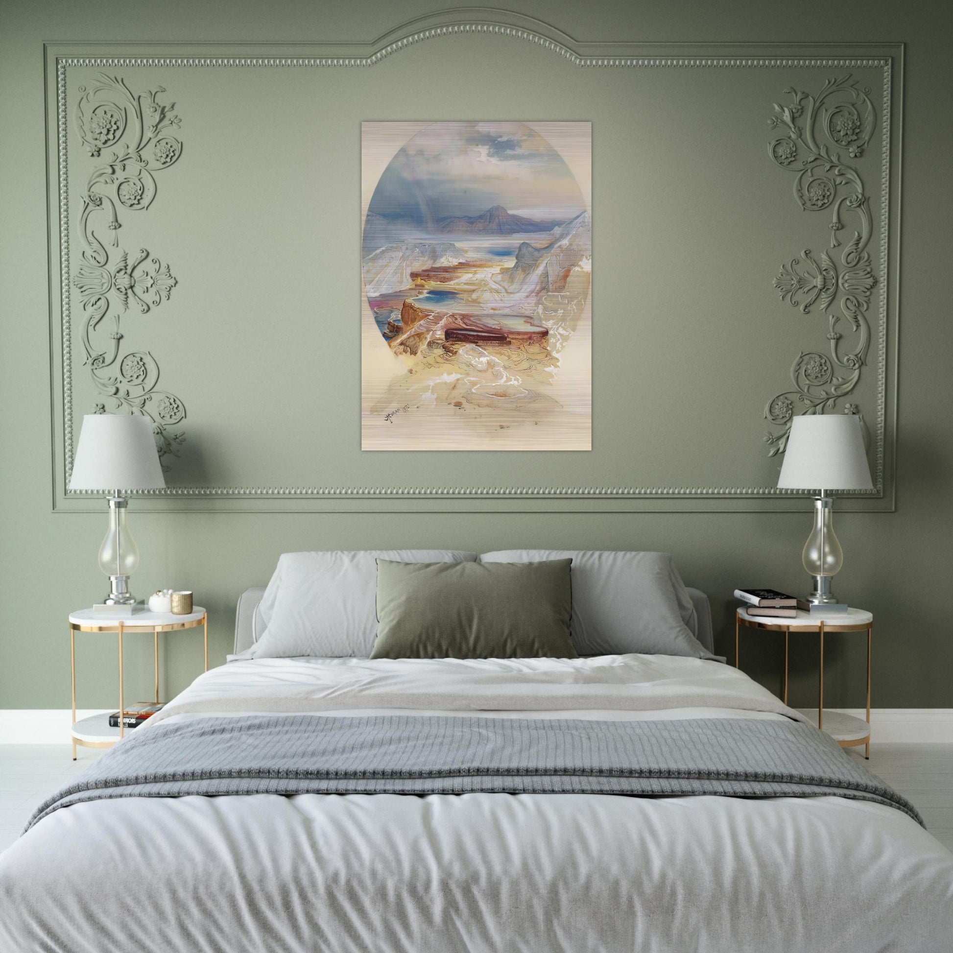 Minerva Terrace Yellowstone - Thomas Moran Brushed Aluminum Print - 70x100 cm / 28x40 inches | Thomas Moran Aluminum Print | Thomas Moran Prints