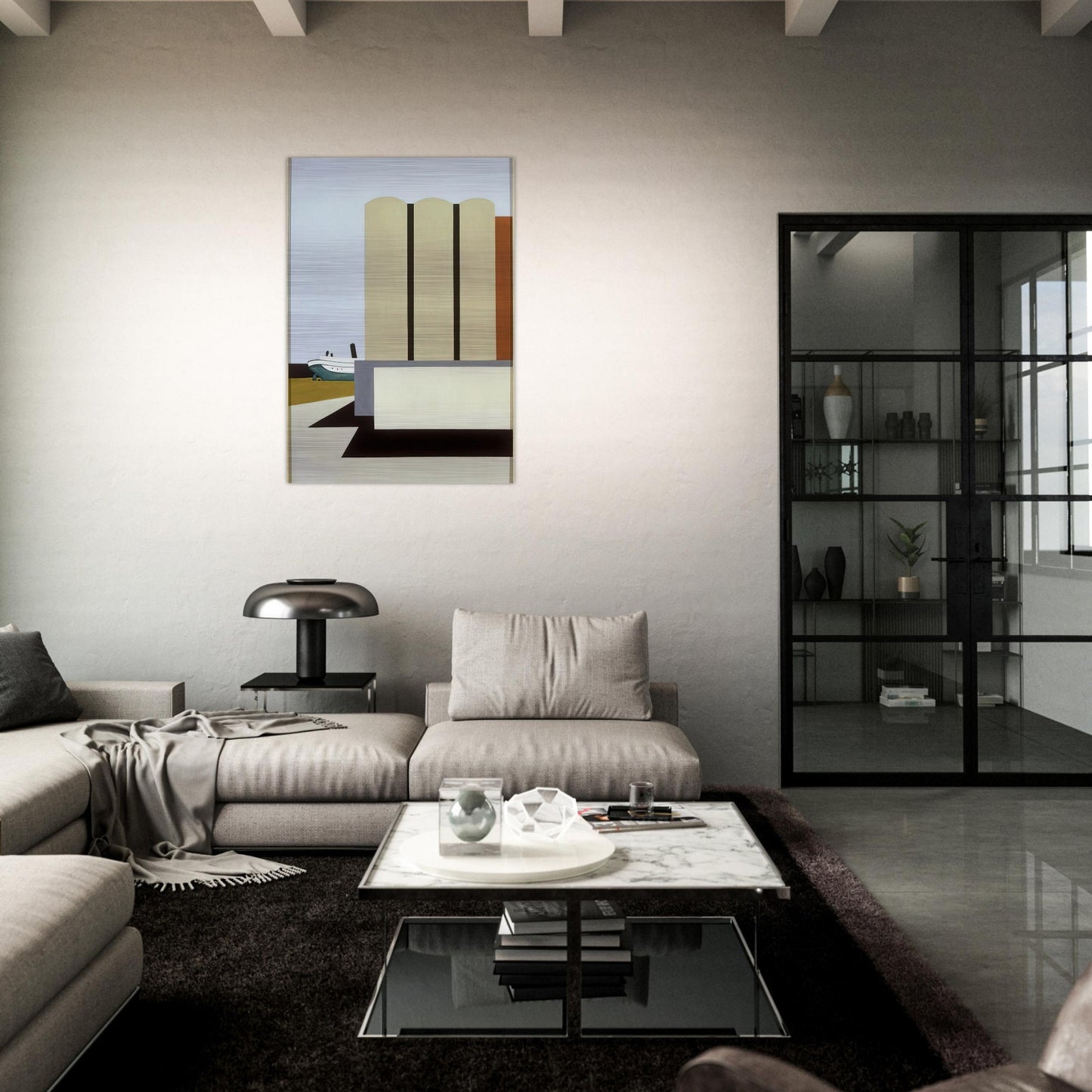 Boat and Grain Elevators No. 2 - 1942 - Ralston Crawford Brushed Aluminum Print - 70x100 cm / 28x40 inches | Ralston Crawford Aluminum Print | Ralston Crawford Prints