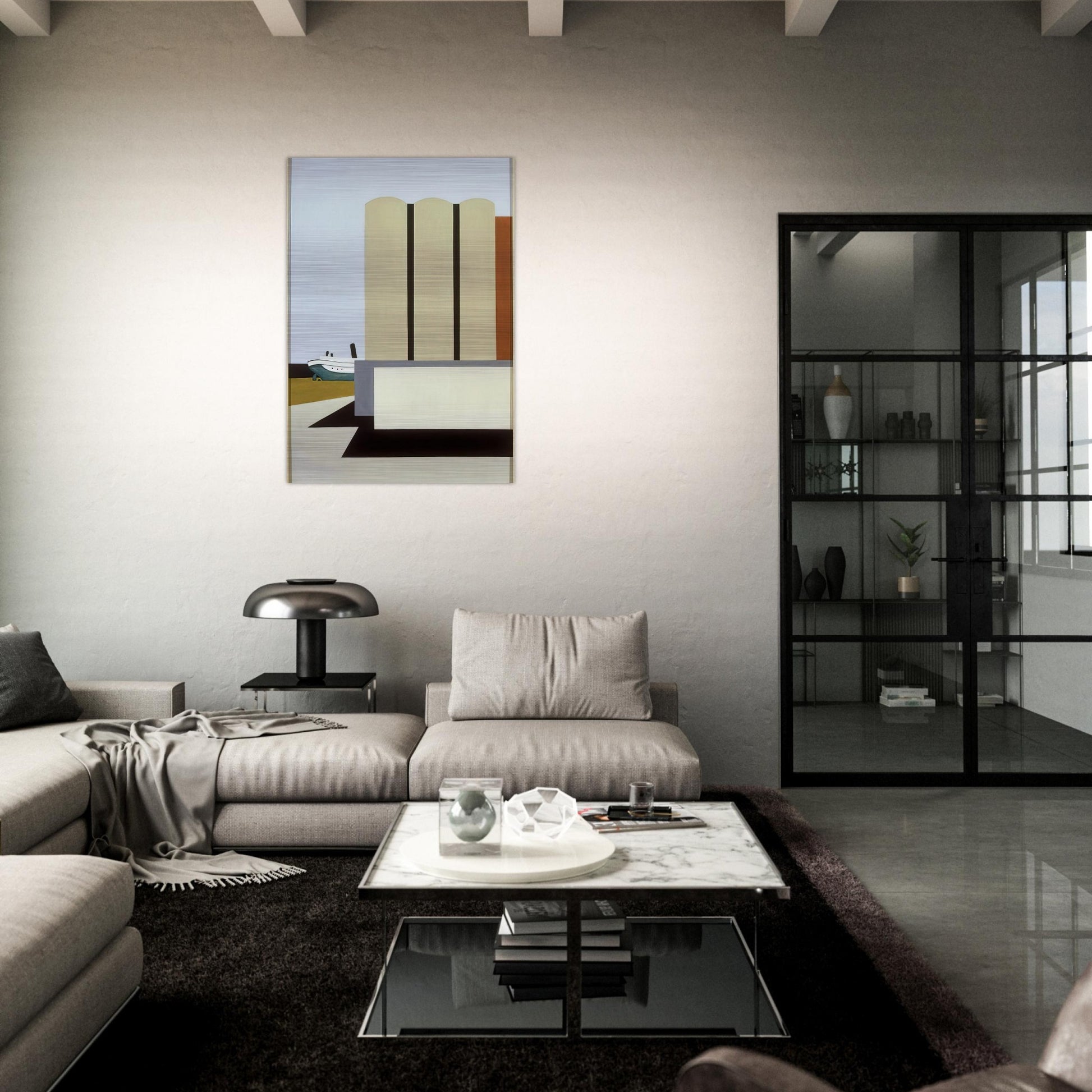 Boat and Grain Elevators No. 2 - 1942 - Ralston Crawford Brushed Aluminum Print - 70x100 cm / 28x40 inches | Ralston Crawford Aluminum Print | Ralston Crawford Prints