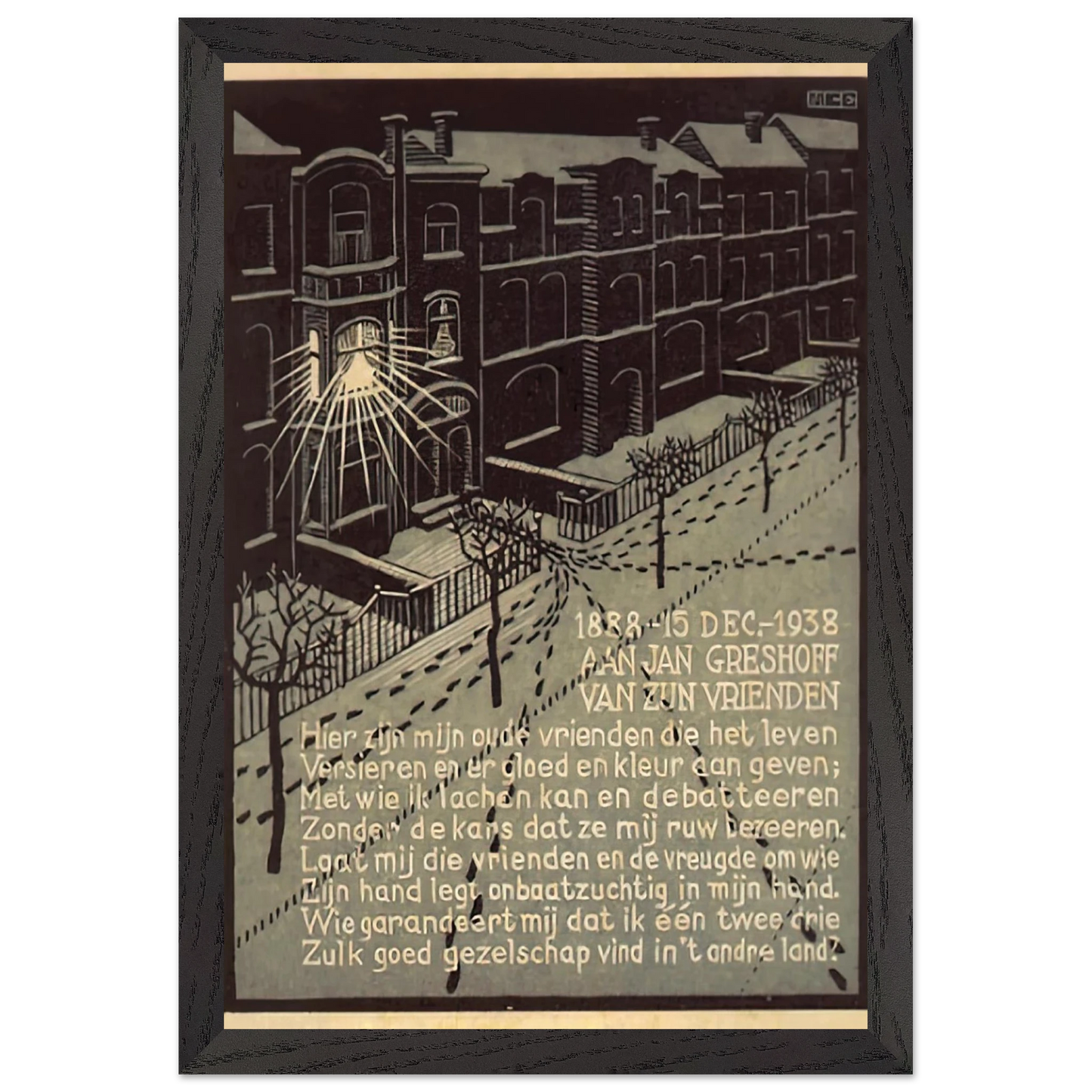 MC Escher - BIRTHDAY CARD FOR G GERSHOFF NOVEMBER 1938 1938 Wall Art - 21x29.7 cm / 8x12" - Premium Wooden Framed Poster With Fine Art Paper - Black frame