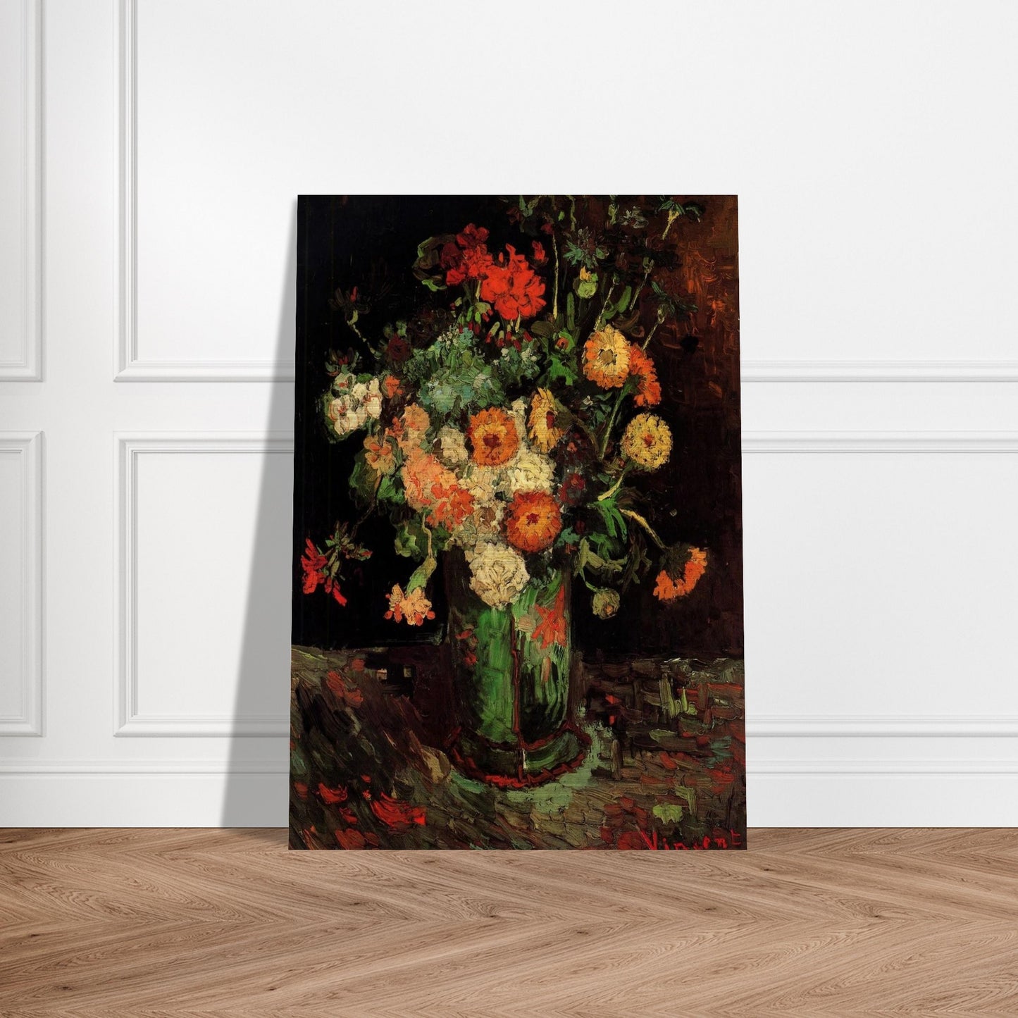 Vase with Zinnias and Geraniums - Vincent van Gogh Brushed Aluminum Print - 70x100 cm / 28x40 inches | Vincent van Gogh Aluminum Print | Vincent van Gogh Prints