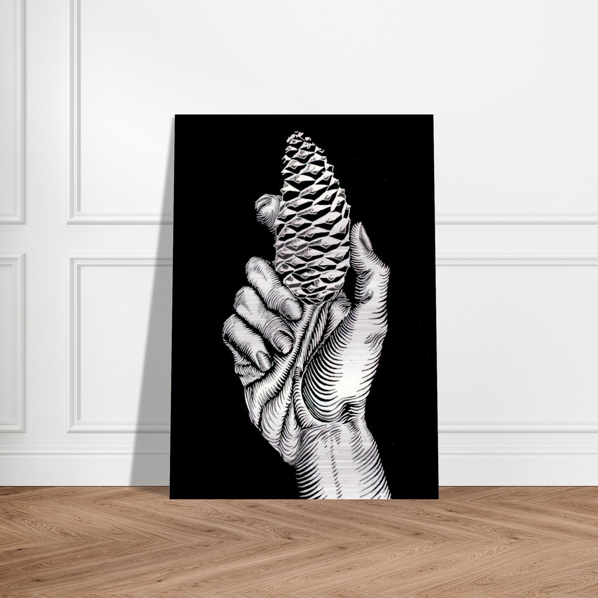 HAND WITH FIR CONE - MC Escher Brushed Aluminum Print - 70x100 cm / 28x40 inches | MC Escher Aluminum Print | MC Escher Prints