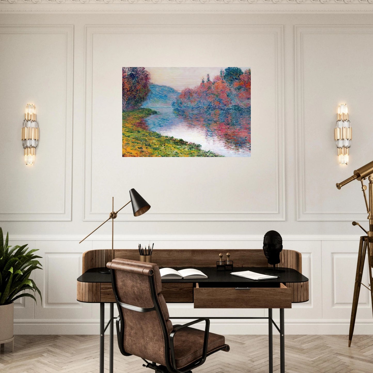 Banks of the Seine at Jenfosse - Clear Weather - claude monet Brushed Aluminum Print - 70x100 cm / 28x40 inches | claude monet Aluminum Print | claude monet Prints