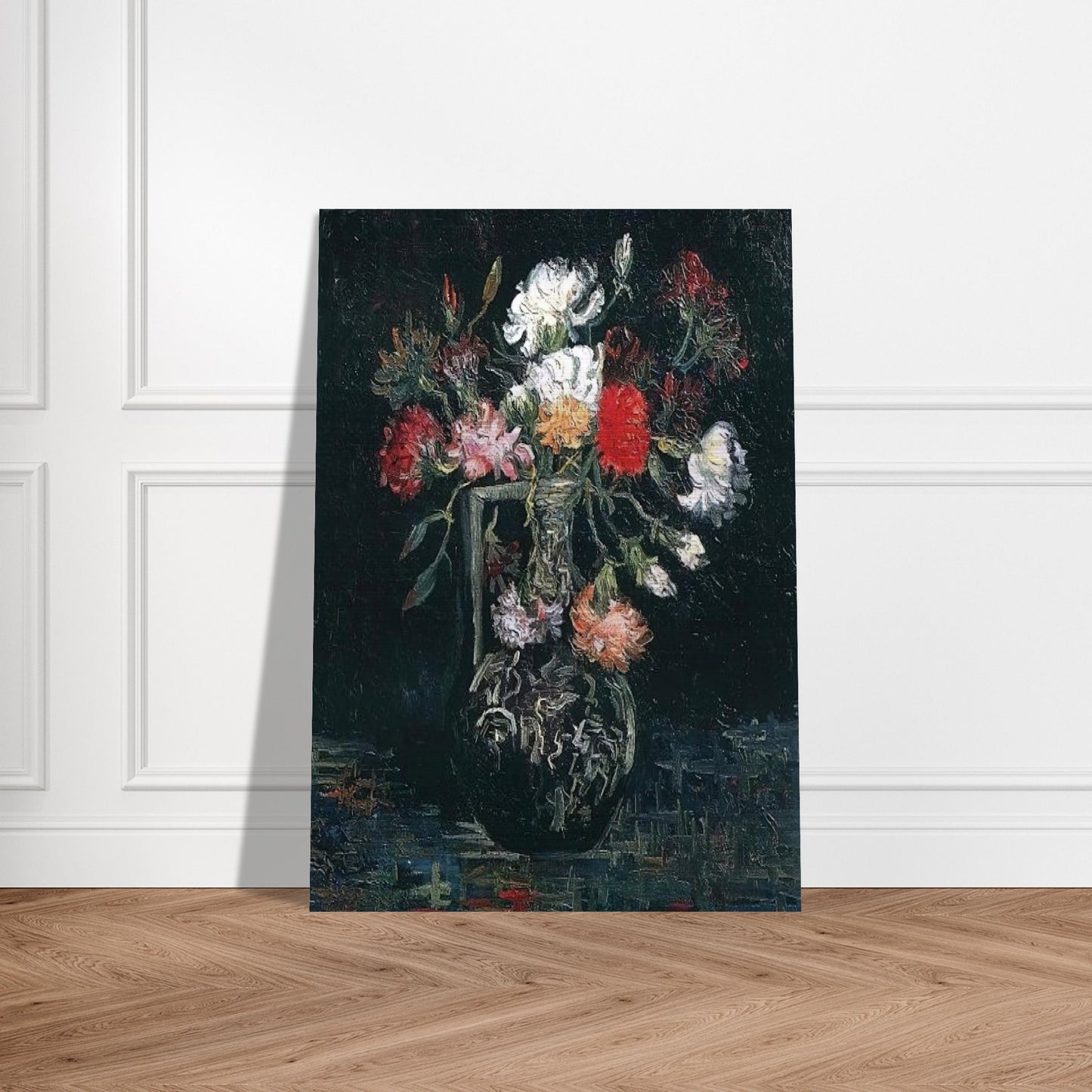 Vase with White and Red Carnations - Vincent van Gogh Brushed Aluminum Print - 70x100 cm / 28x40 inches | Vincent van Gogh Aluminum Print | Vincent van Gogh Prints