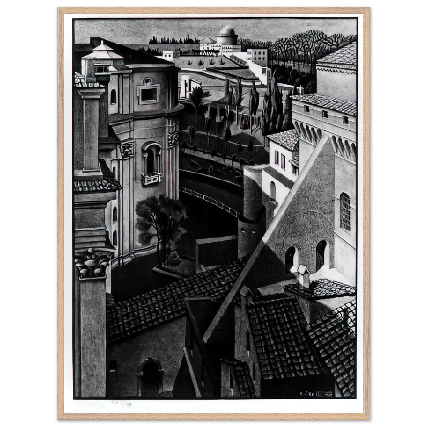 MC Escher - BERWEEN ST PETER AND SISTINE CHAPEL MARCH 1936 1936 Wall Art - 60x80 cm / 24x32 inches - Premium Wooden Framed Poster With Fine Art Paper - Black frame