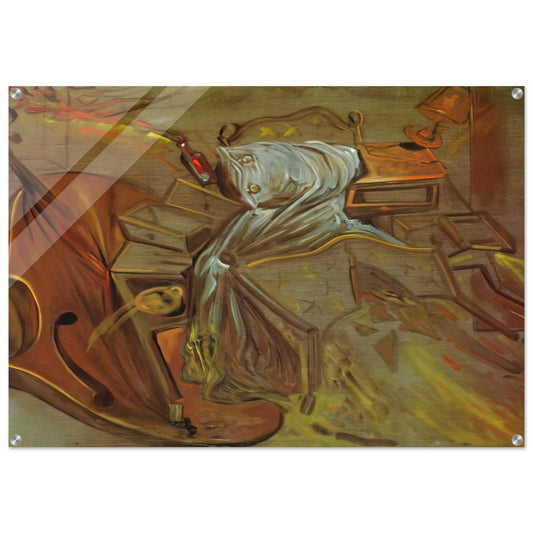 BED AND TWO BEDSIDE TABLES FEROCIOUSLY ATTACKING A CELLO - Salvador Dali Acrylic Print - 70x100 cm / 28x40″ inches