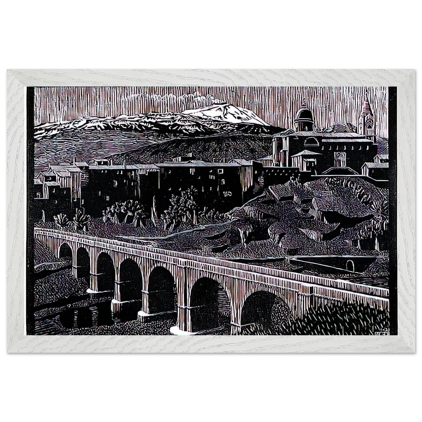 MC Escher - RANDAZZO AND MOUNT ETNA SICILY JANUARY 1933 1933 Wall Art - 21x29.7 cm / 8x12" - Premium Wooden Framed Poster With Fine Art Paper - Black frame